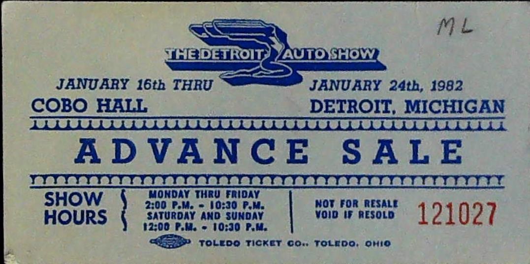 Biglietto anticipato Detroit Auto Show Stub Detroit Michigan Cobo Hall 24/01/1982