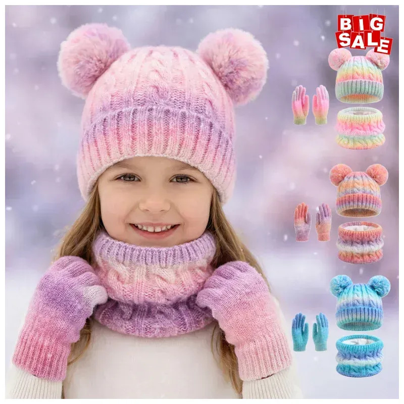 Guanti sciarpa cappello maglia invernale bambini set 3 pezzi cartone animato orso orecchio pom