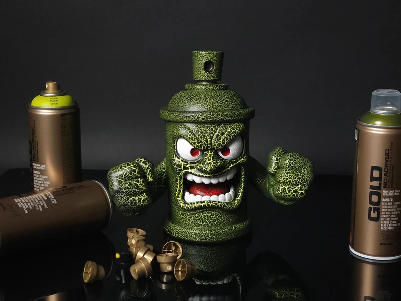 Street Art Spray Can Sculpture – Toxic Green Crackle Graffiti Character, Urban Art Toy