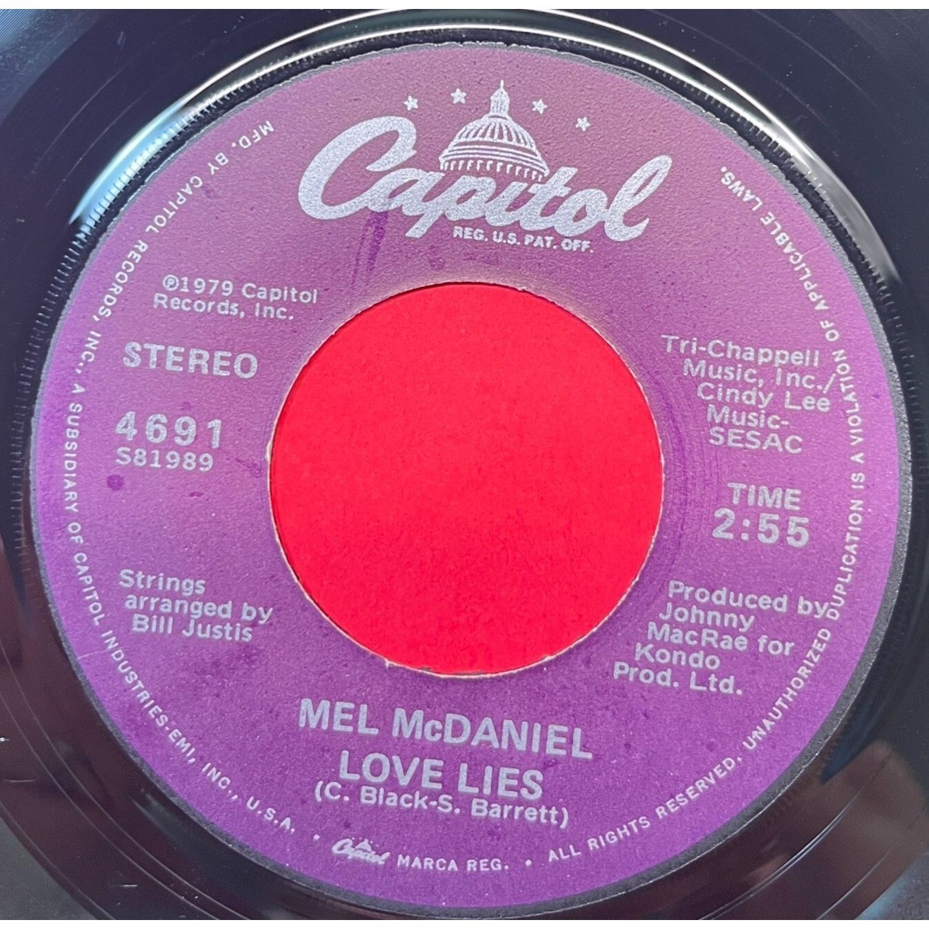 Mel McDaniel Love Lies / Oklahoma Wind 45 Country 1979 Capitol 4691
