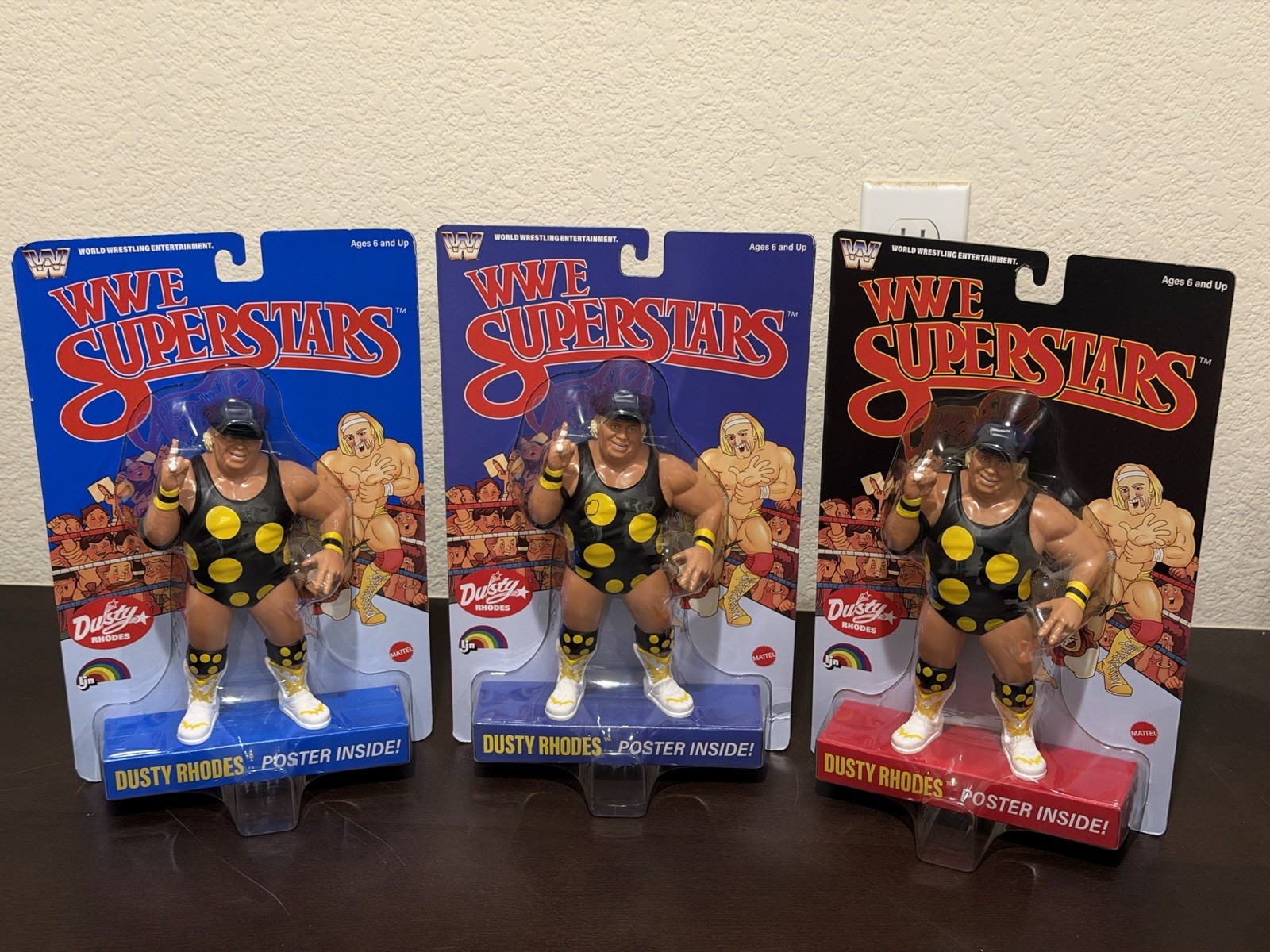 Set di 3 personaggi Dusty Rhodes LJN Superstars nero, blu e blu scuro