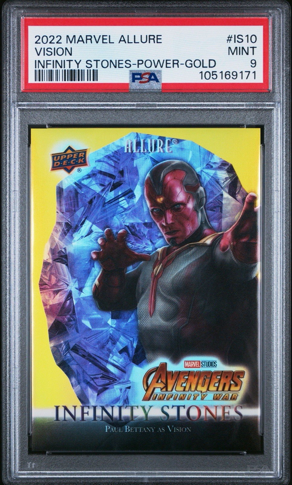 2022 UD Allure Marvel Paul Bettany Vision Infinity Stones Power Gold #/99 PSA 9