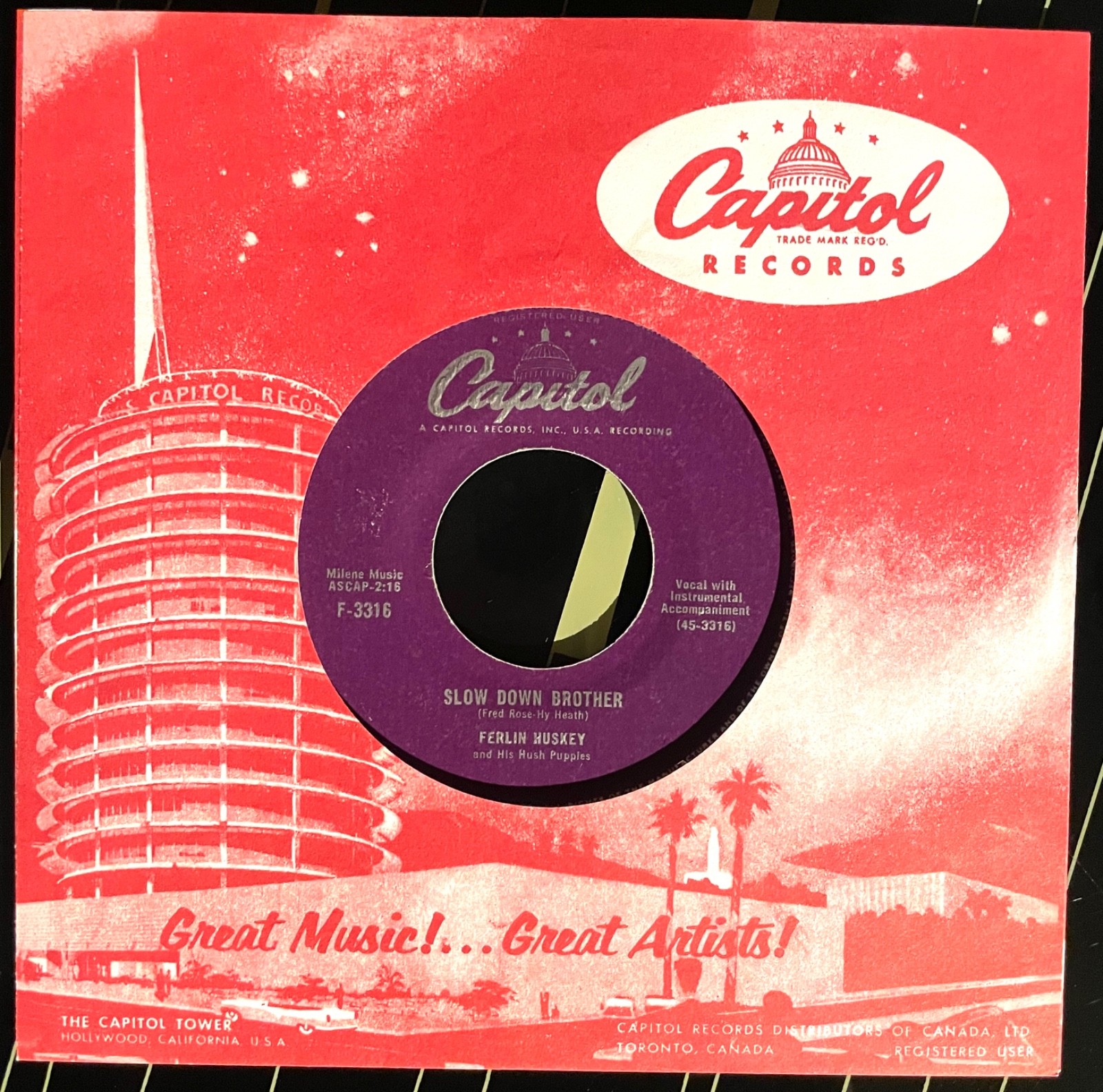 FERLIN HUSKEY - SLOW DOWN BROTHER / SINFUL HEART - original CANADA CAPITOL