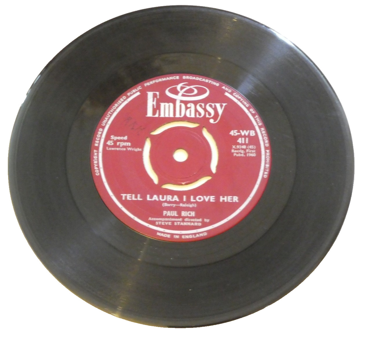 Paul Rich - Tell Laura I Love Her / Lorelei 45 RPM Vinyl Record Single VG Embass