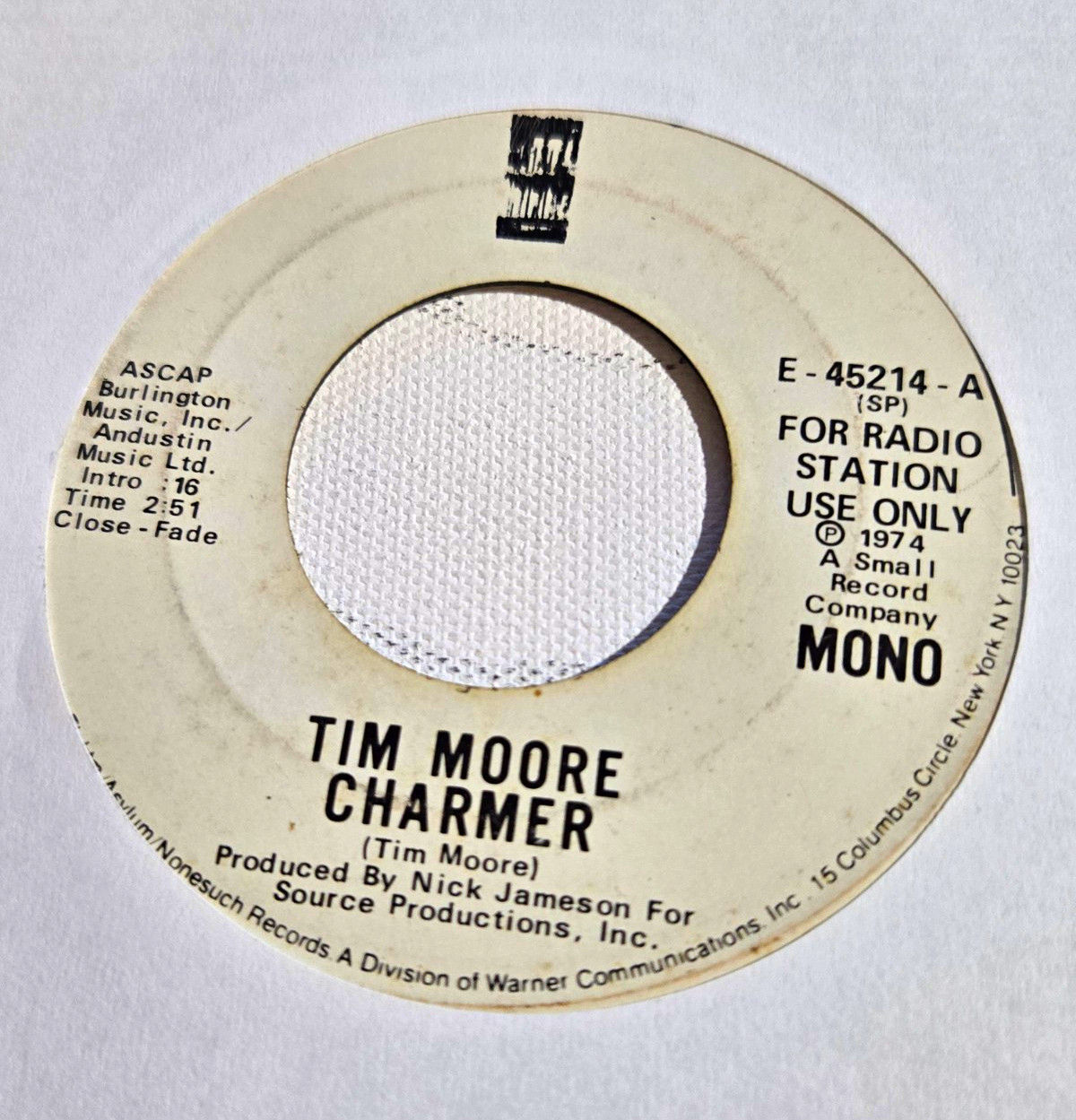 Tim Moore 7" 45 RPM Vinyl Single Charmer Asylum Promo 1974 E-45214-A