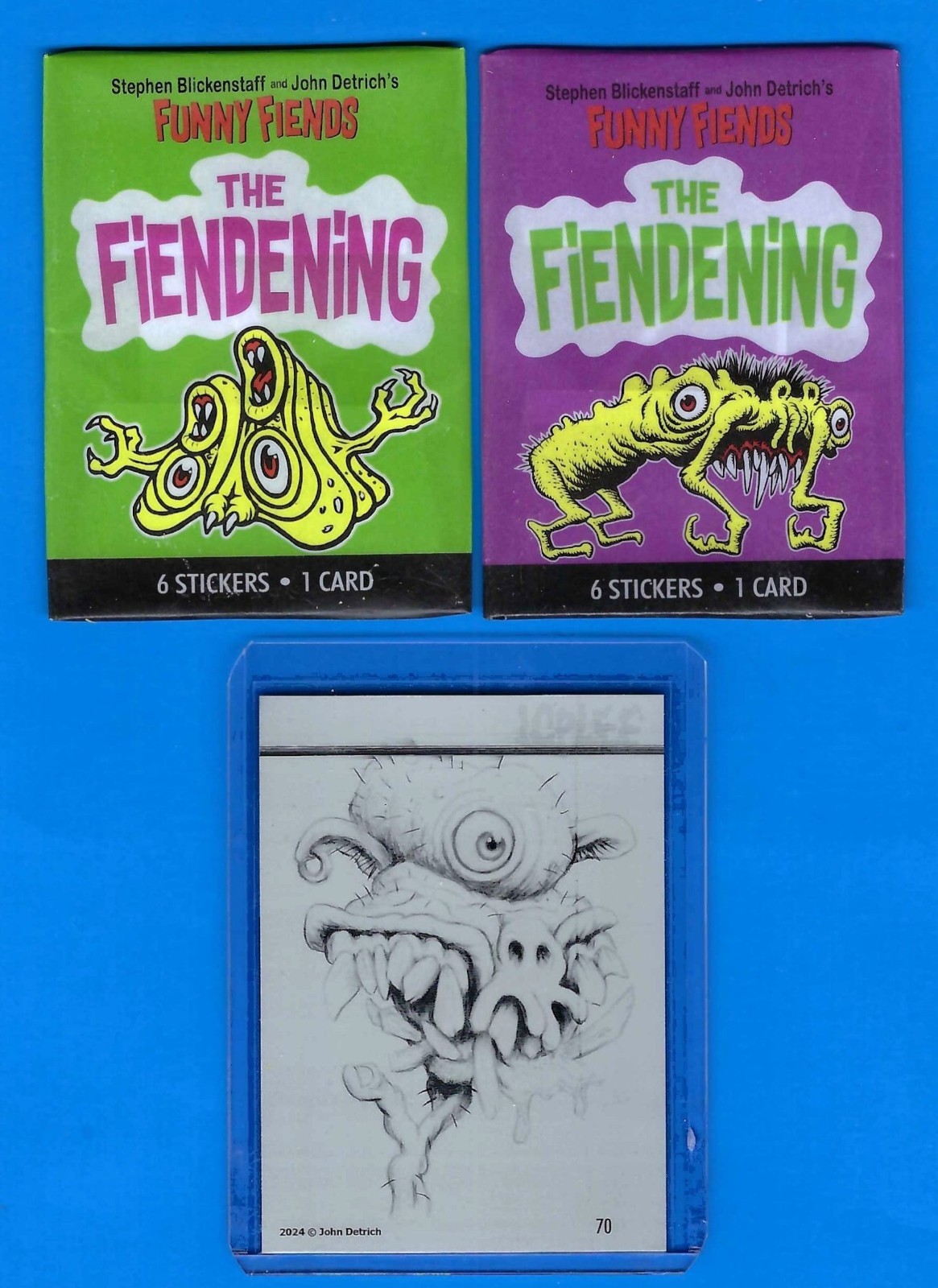 FUNNY FIENDS SER. 2 CARTE LASTRA DI STAMPA THE FIENDING 1/1 #70 + 2 INVOLUCRI VUOTI
