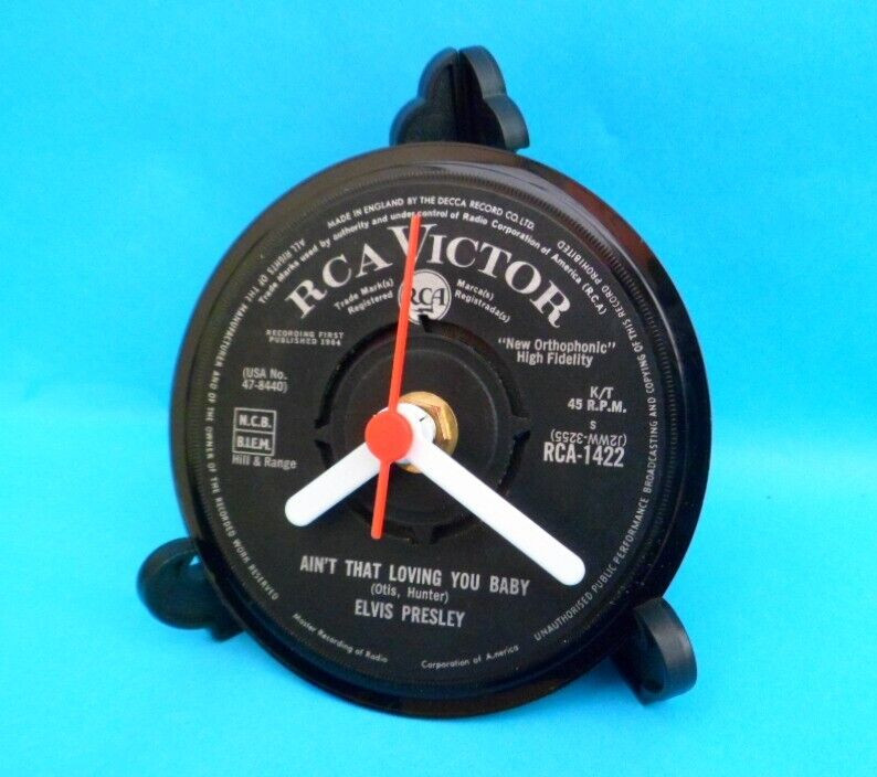 ELVIS PRESLEY CLOCK Desk Table Top CLOCK Original Upcycled Hit record Size 4".