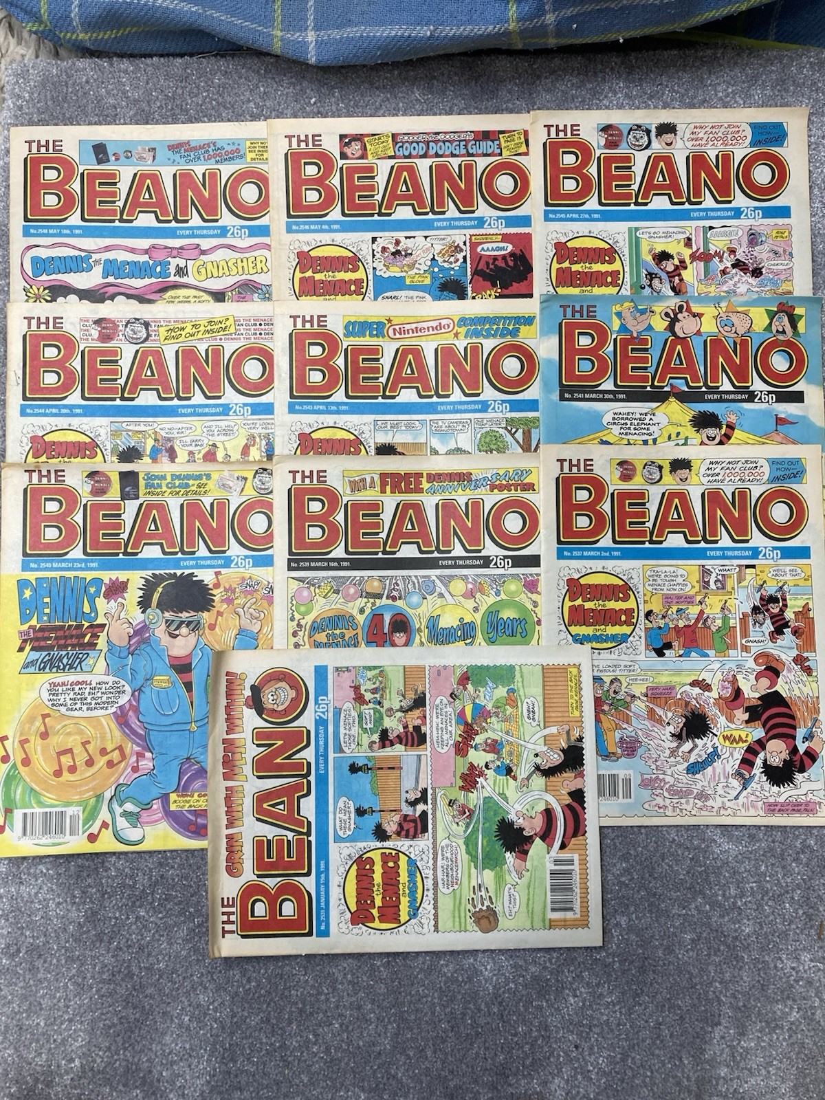 10no. BEANO comic 1991 2548,2543-2546,2539-2541,2537,2531 Good Condition Bundle