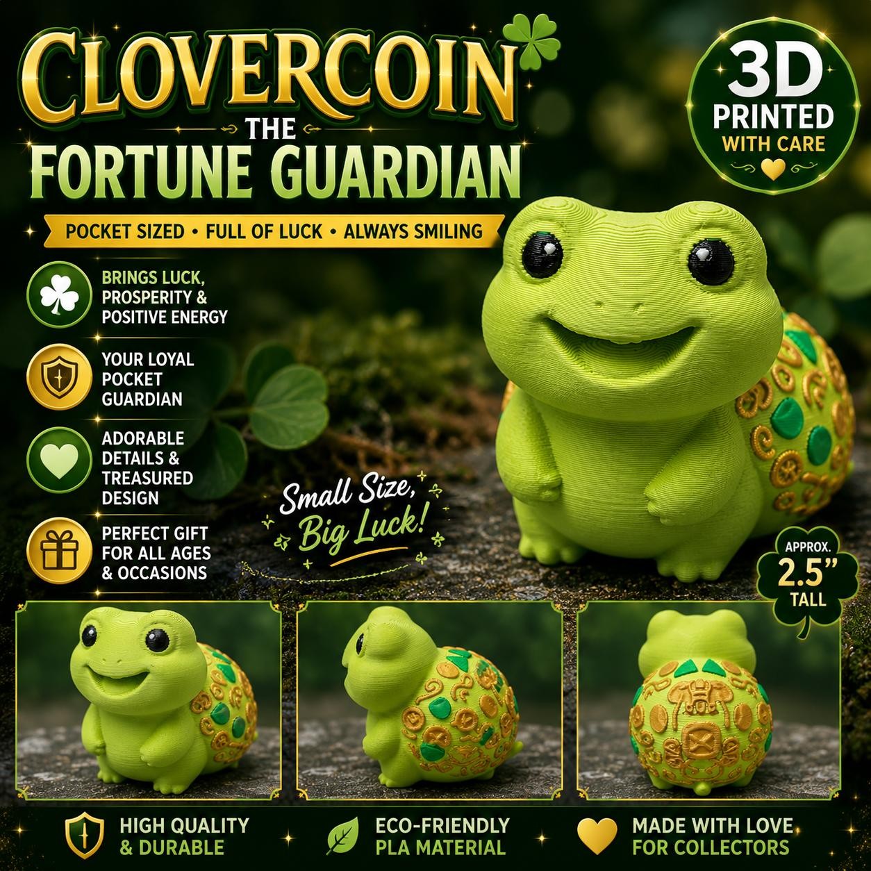 Clovercoin Guardiano della Fortuna Rana Fortunata Stampato in 3D Pocket Guardian da Collezione