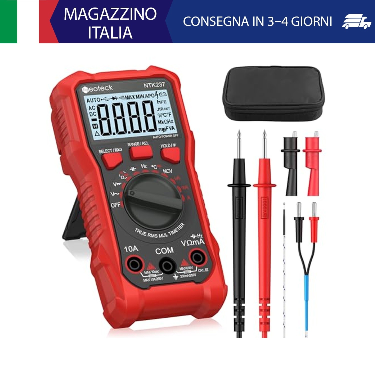 Neoteck Multimetro Digitale 2000 Conti 10A DC/AC 600V TRMS NCV Auto-Range | Test