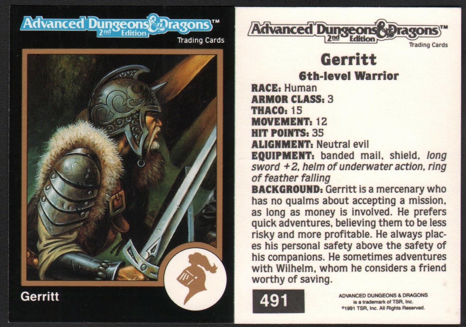 1991 TSR AD&D Gold Border Fantasy Art RPG Card #491 Dungeons & Dragons ~ Warrior