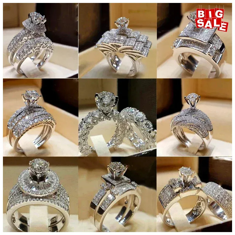 2 Piece Women’s White Crystal Round Ring Set Fashion Jewelry