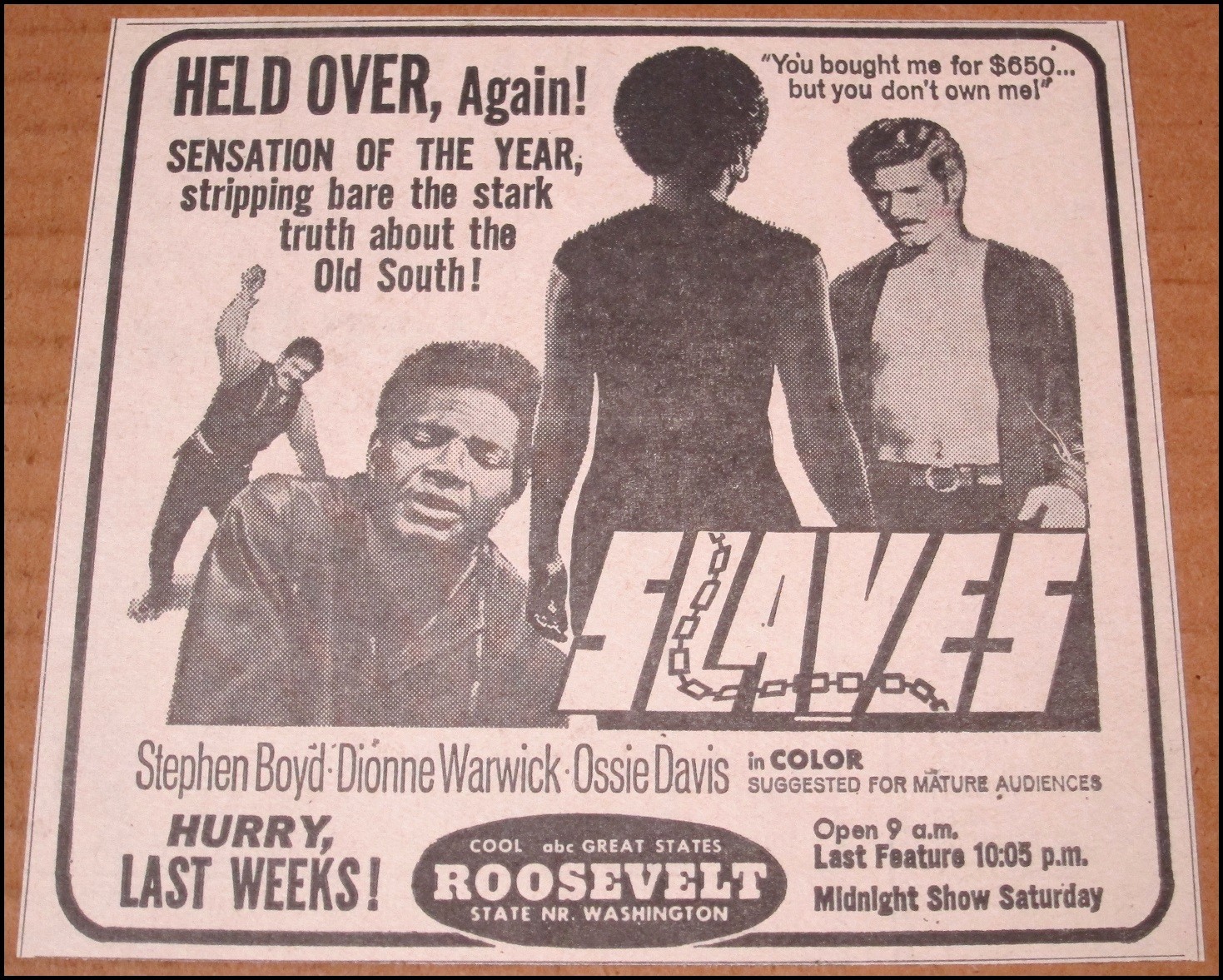 1969 Slaves Print Ad Clipping Movie Advert 5.5"x5" Roosevelt Theater Chicago VTG