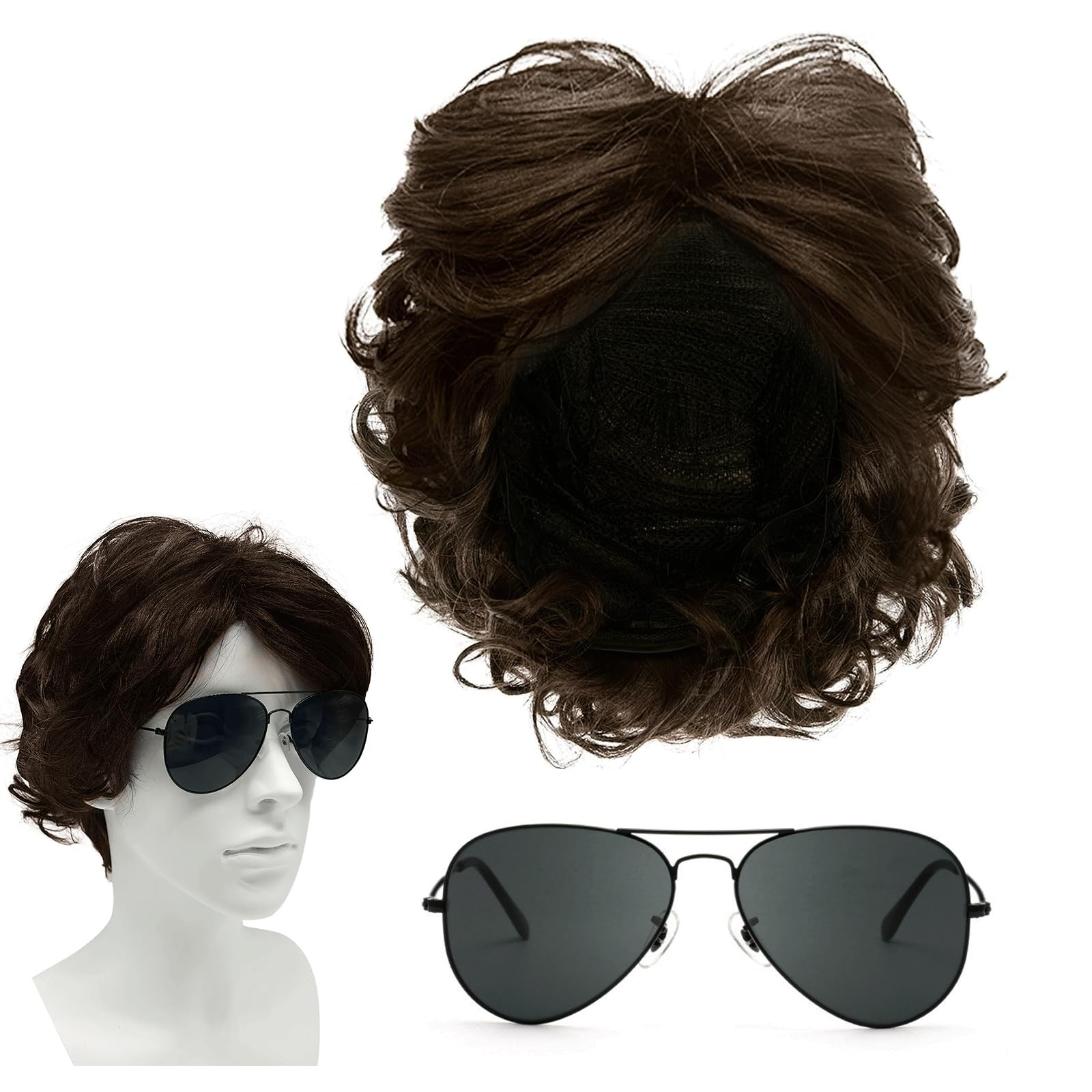 2 Pcs Perruque Homme avec lunettes de soleil Perruque Disco,Perruque Courte