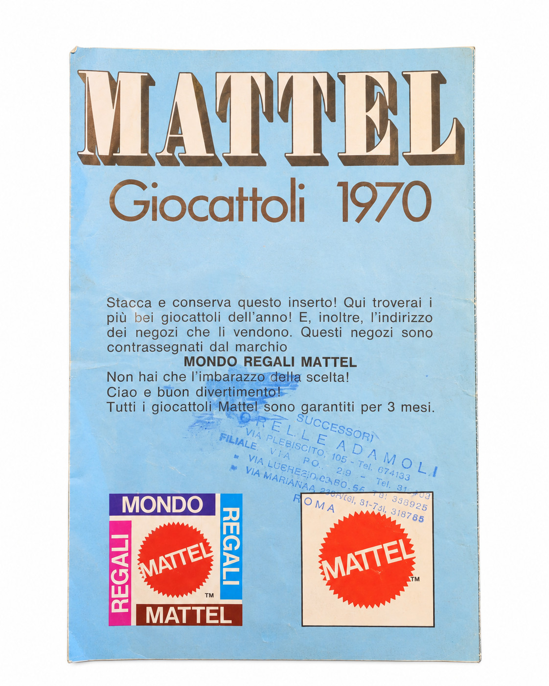 Mattel Giocattoli 1970 catalogo pieghevole originale