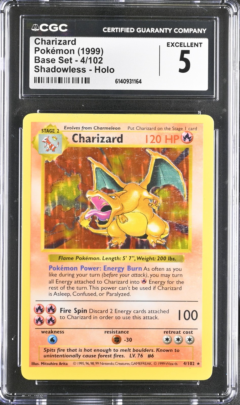 CGC 5 OTTIME Charizard 4/102 Set Base Shadowless Holo Carta Pokemon