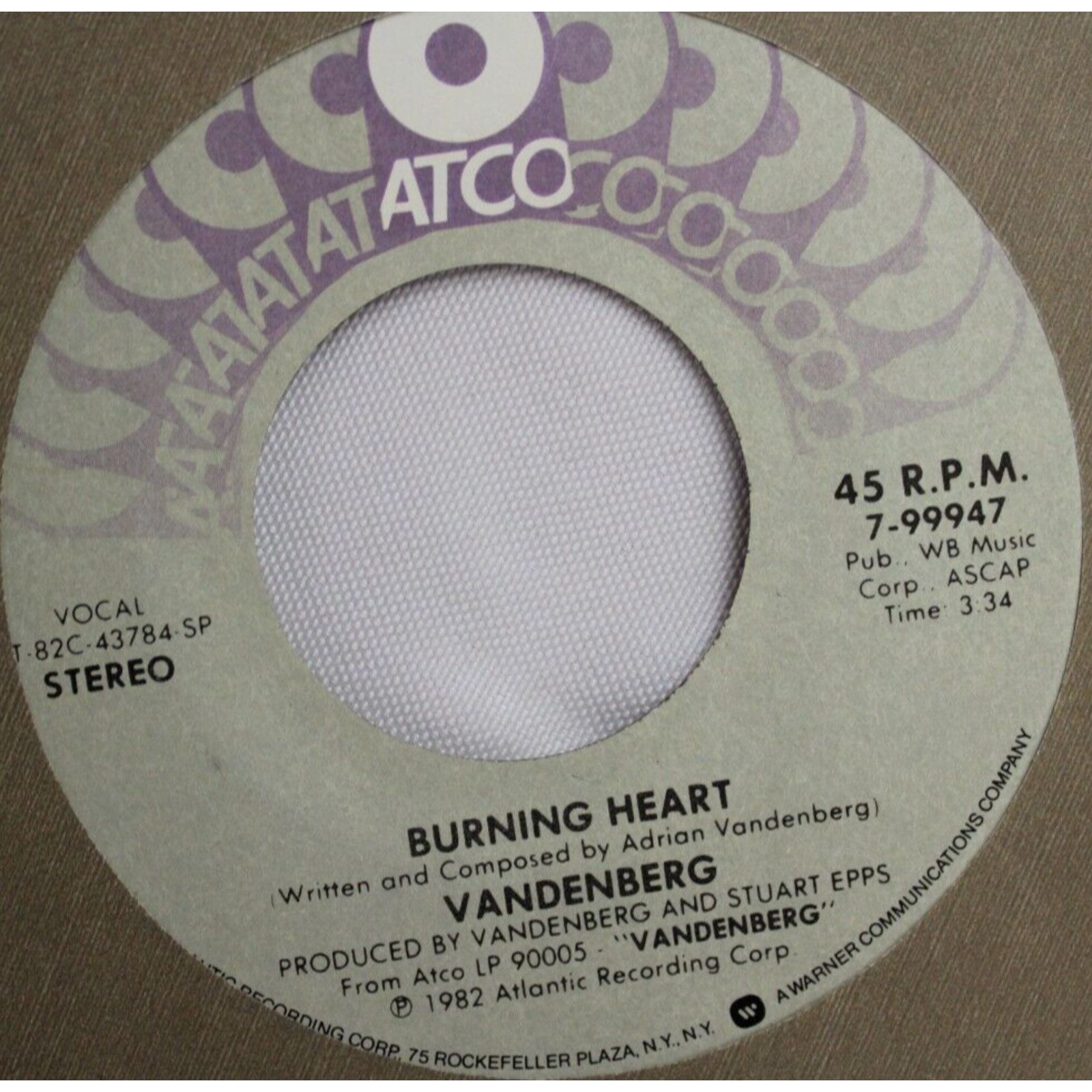 VANDENBERG BURNING HEART / READY FOR YOU 45 7" VINYL RECORD EX ATCO