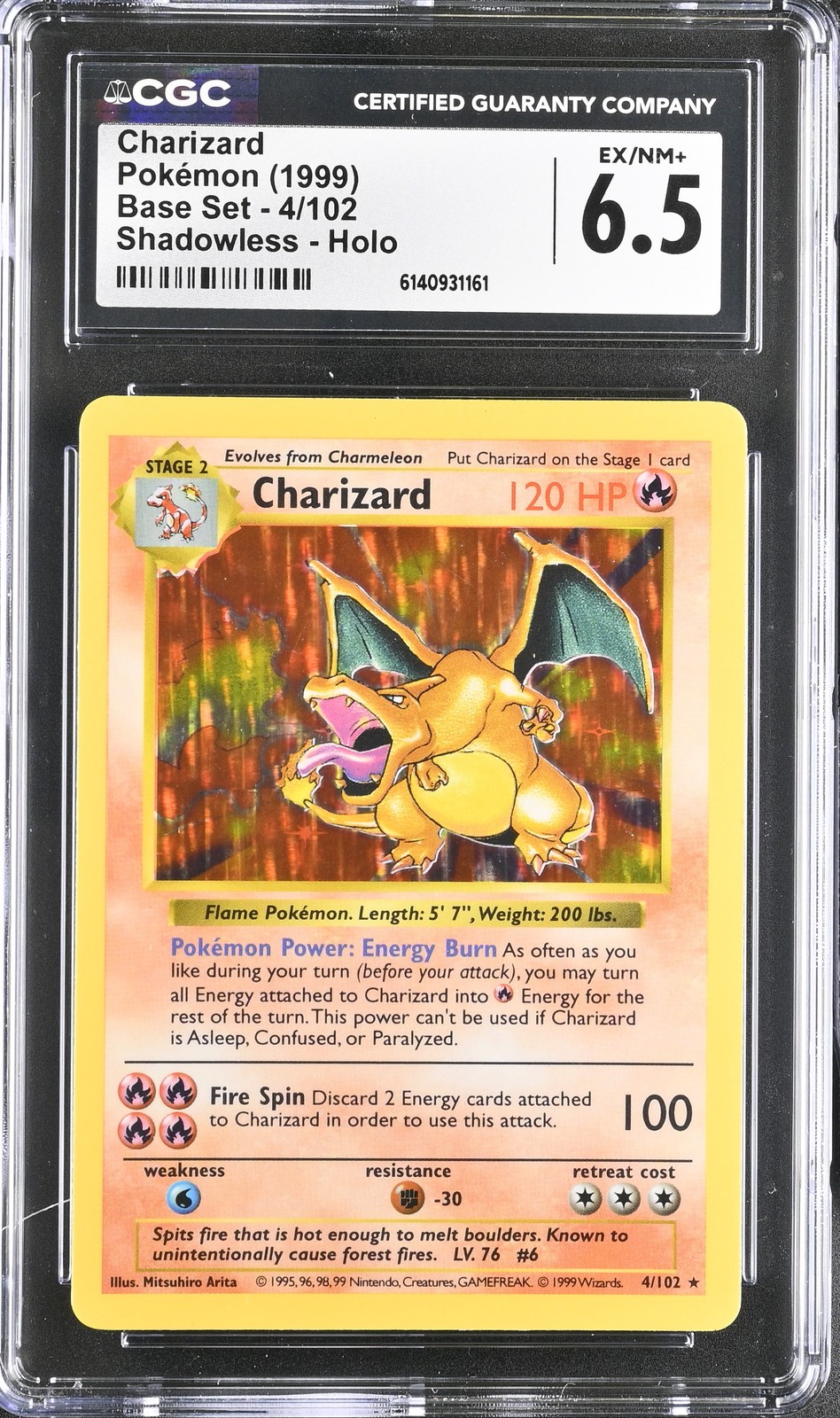 CGC 6.5 EX/NM+ Charizard 4/102 Set Base Carta Pokemon Holo Senza Ombre