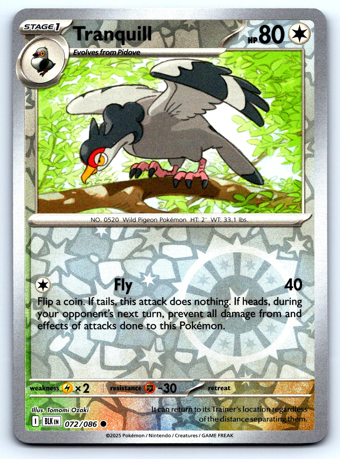 Tranquill Black Bolt #72 Cosmos Holo carta Pokemon quasi nuova