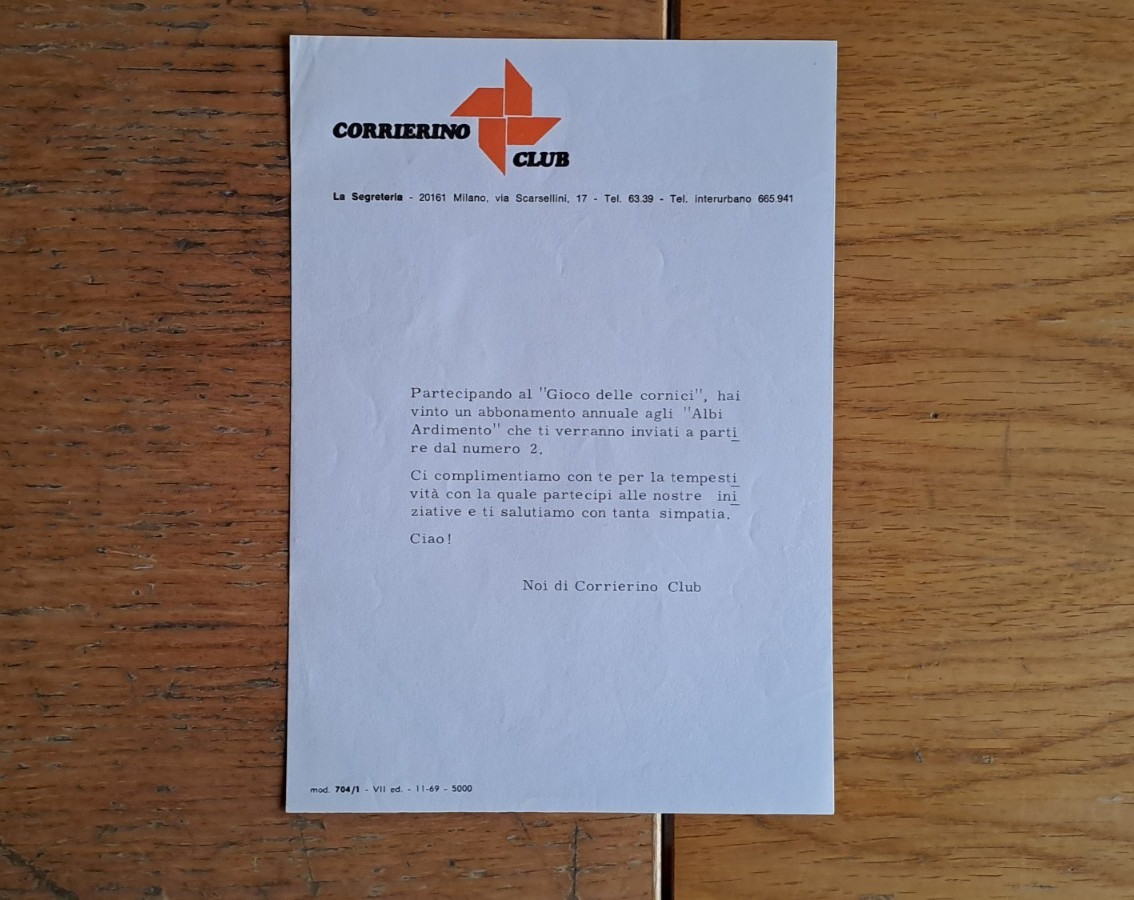 Corrierino Club lettera vincita abbonamento Albi Ardimento datata 11-1969