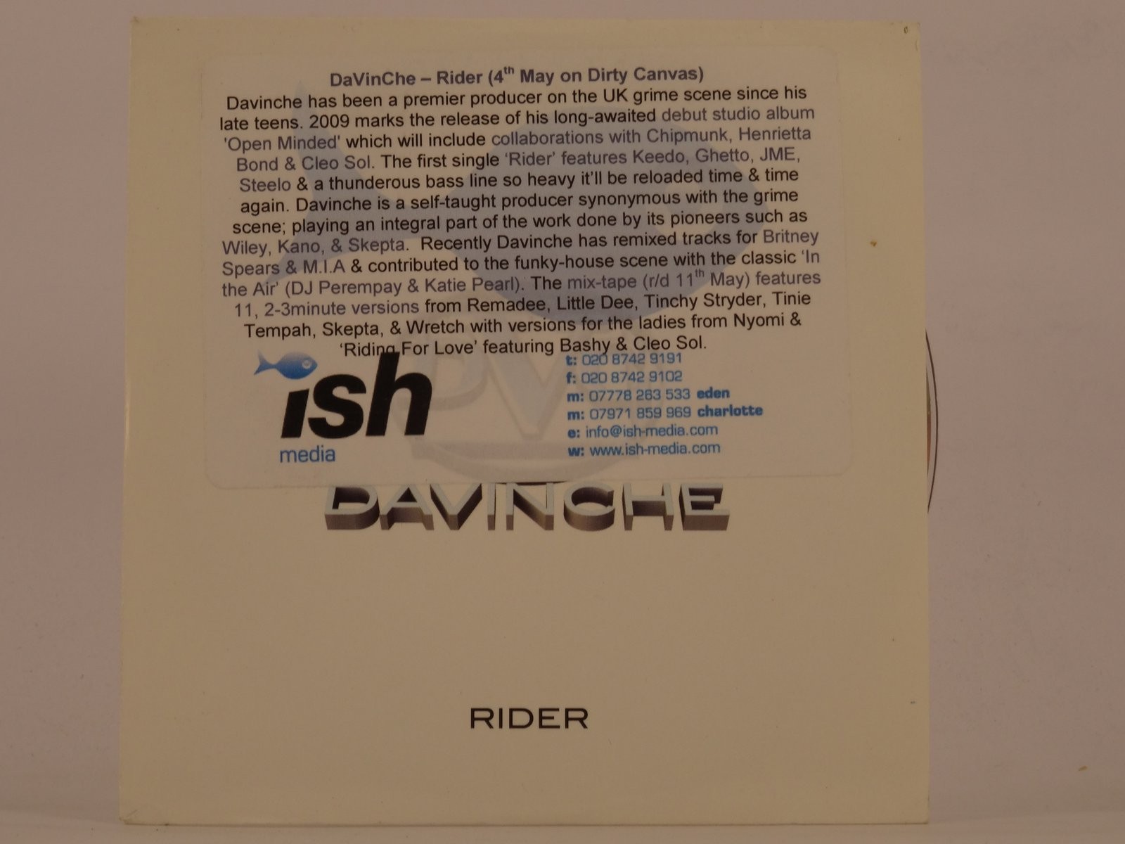 DAVINCHE RIDER MIXTAPE (86) 12 Track Promo CD Album plus Card Sleeve ISH MEDIA