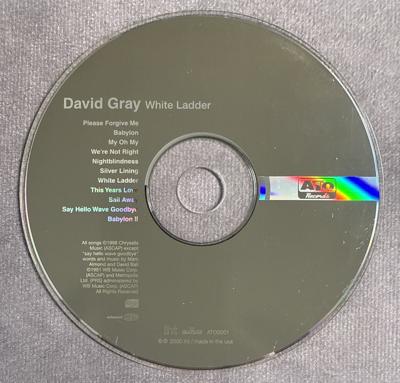David Gray White Ladder CD 2000 RCA ATO Folk Rock Album Disc Only