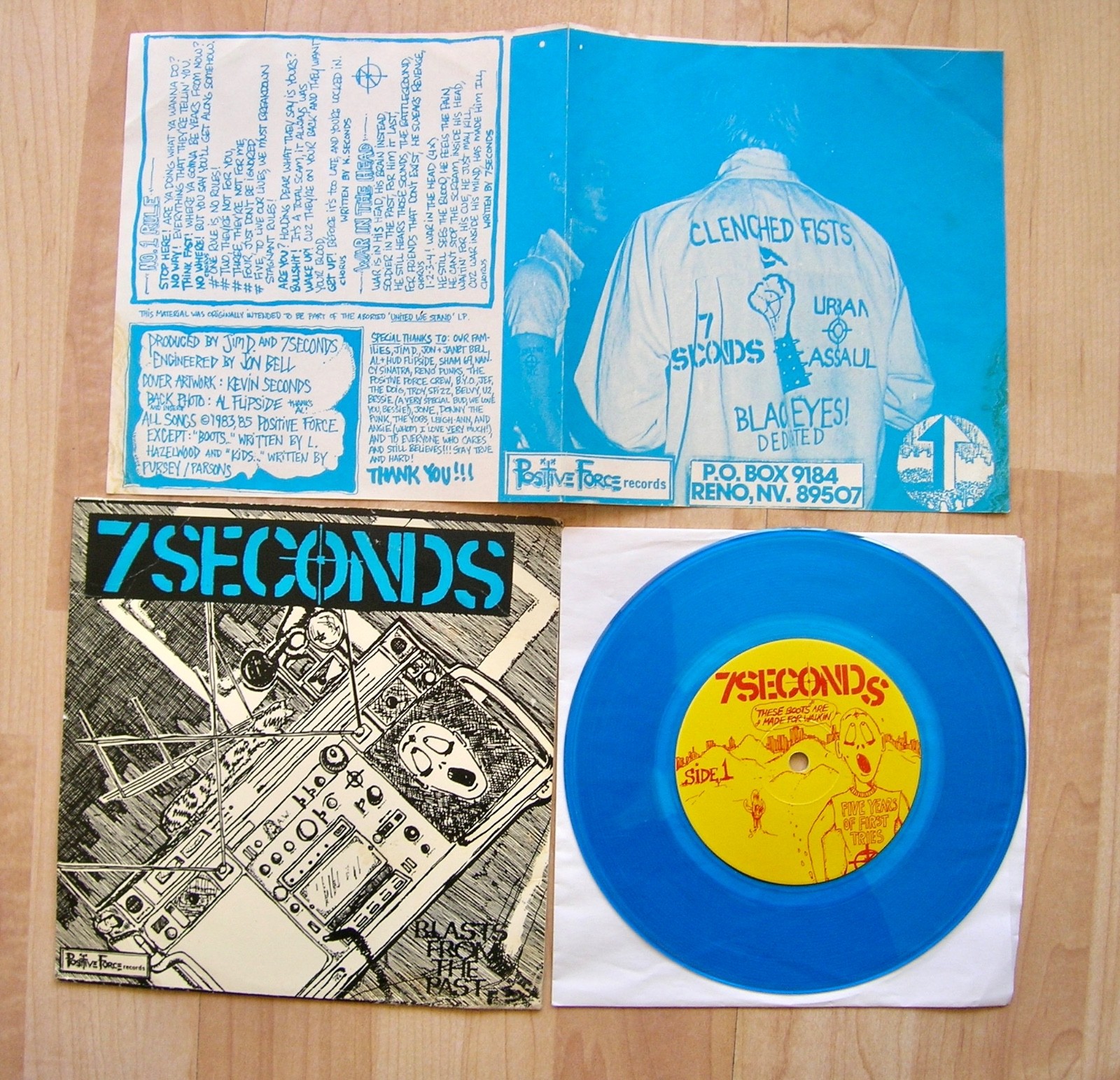 7 SECONDS blast from the past Positive Force #3   orig 1985 blue vinyl  +insert