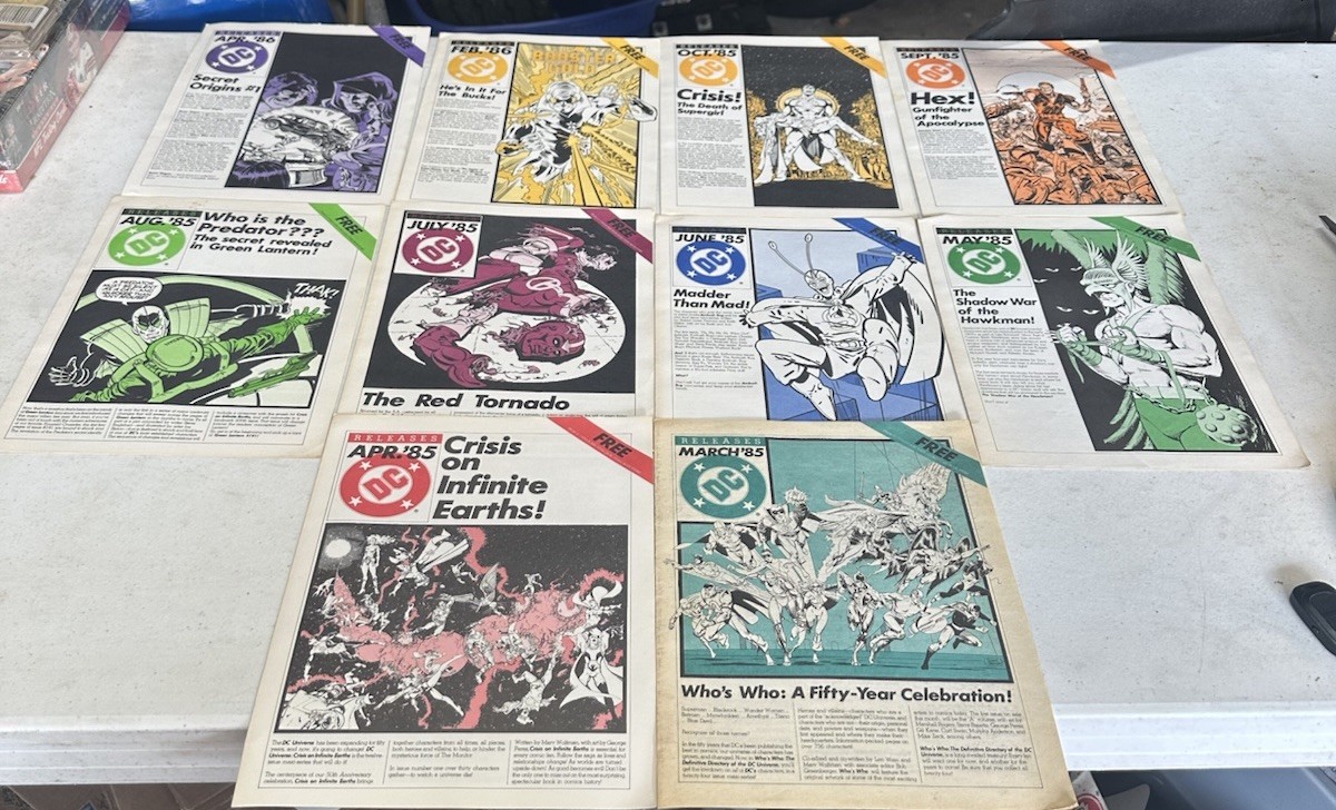 DC Uscite Lotto di 10 Volantini Negozio Promozionale DC Comics Vintage 1985-1986