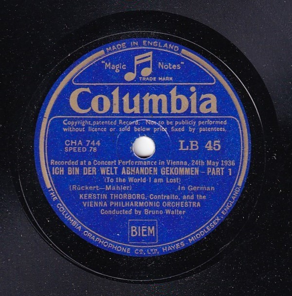 Thorborg; Walter. Mahler (Ich bin der Welt abhanden gekommen). Col LB 45. NM(-)