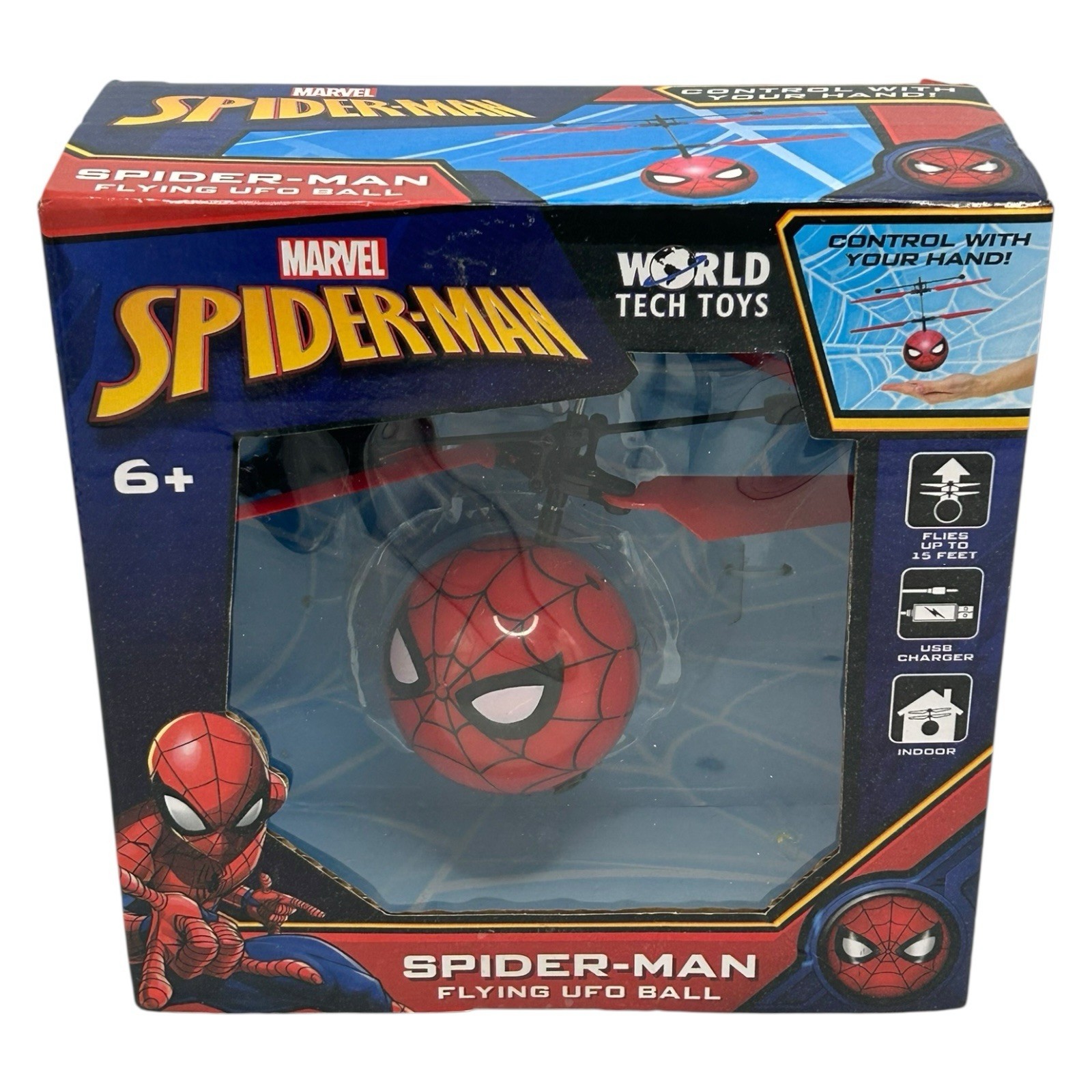 Marvel Spiderman Flying UFO Ball World Tech Toys Controllo manuale USB da interno NUOVO