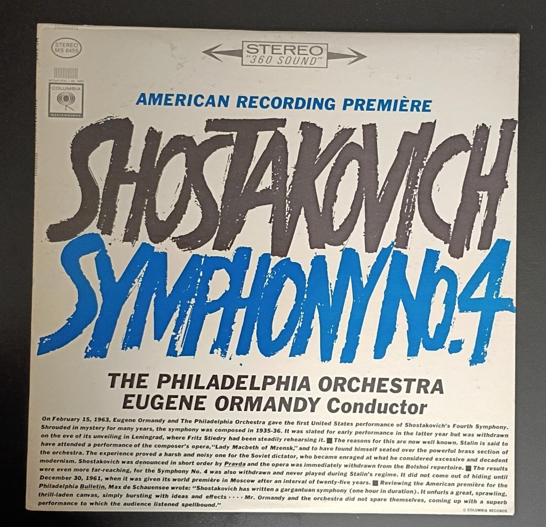 Shostakovich Symphony No. 4 Ormandy Stereo 12" MINT LP Ultrasonically Cln'd.