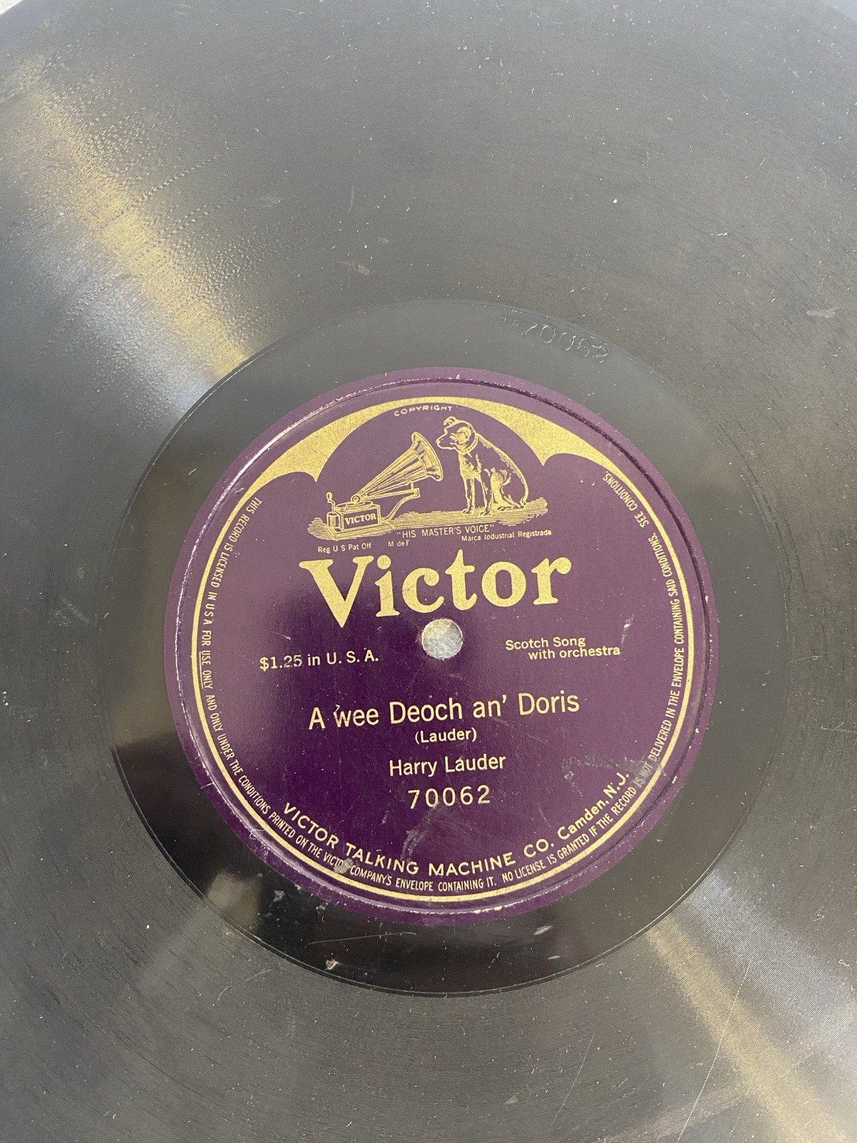 Harry Lauder 78rpm Single 12-inch Victor Records #70062 A Wee Deoch an' Doris 