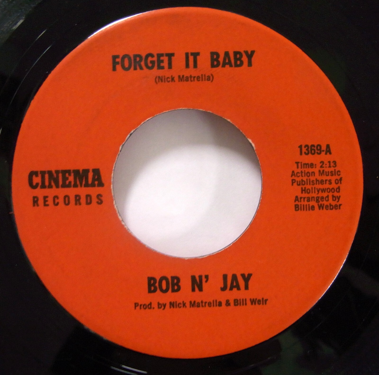 Bob N' Jay 45 RPM Single Cinema Records Pop 7" Forget It Baby VG++