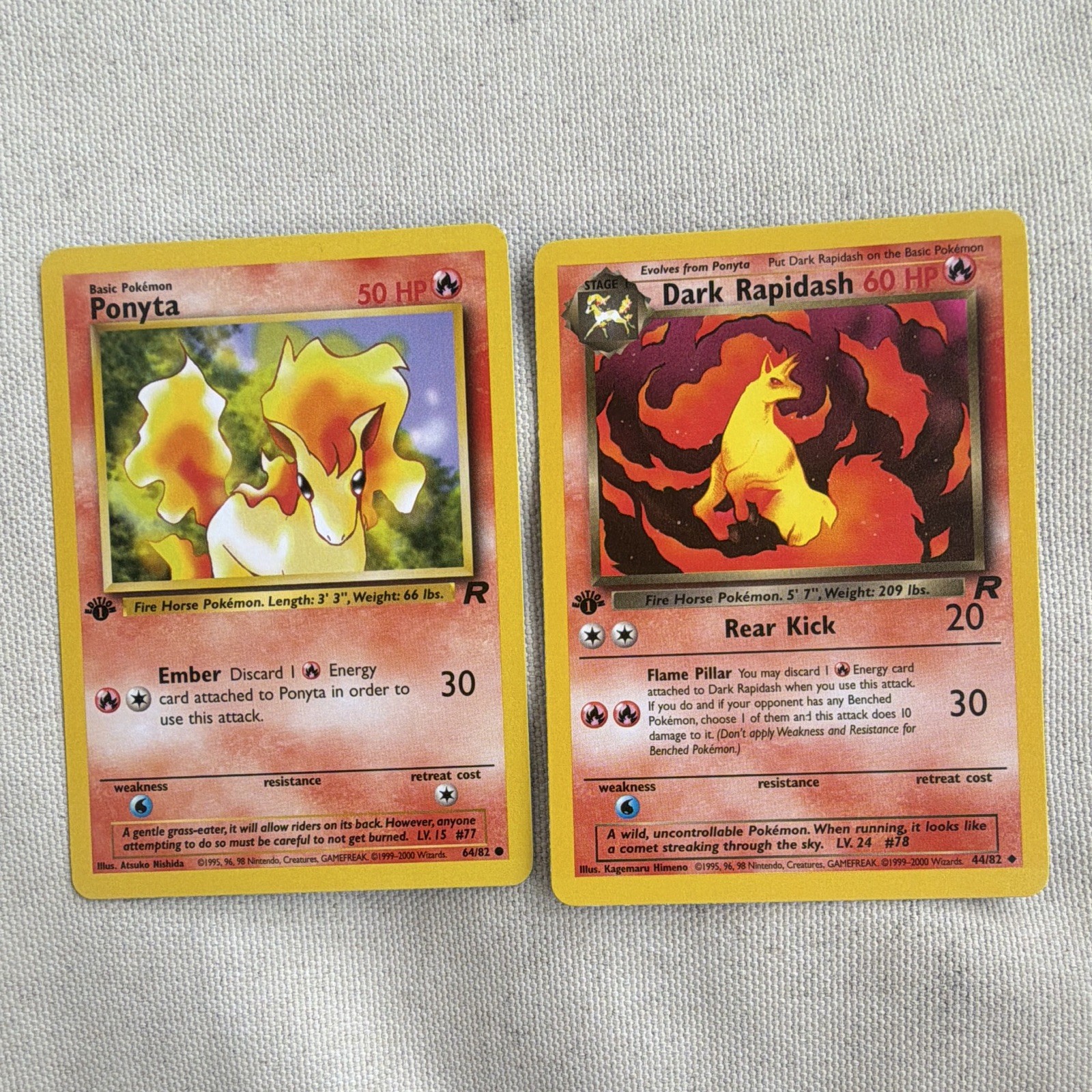 Pokemon TCG Team Rocket Ponyta 64/82 & Dark Rapidash 44/82 1a edizione 2000 quasi nuovo 