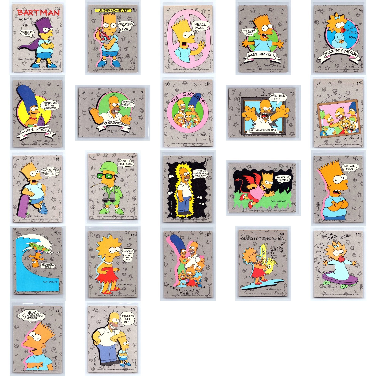 1990 Topps I Simpson set completo #1-88 più set adesivi #1-22 Bartman Rookie