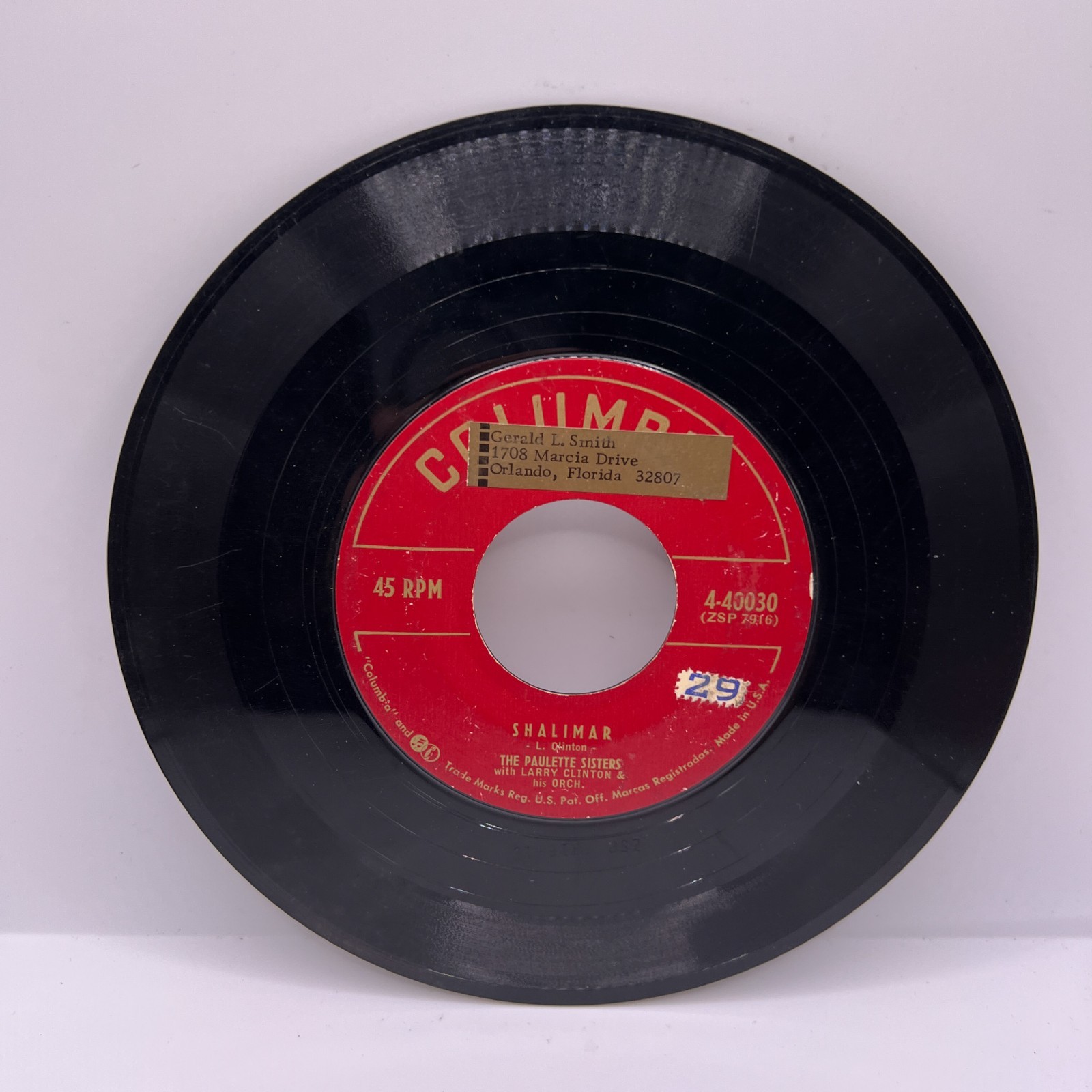 Vinyl 45 RPM Record - The Paulette Sisters - Shalimar / Tell Me You Don't Love M