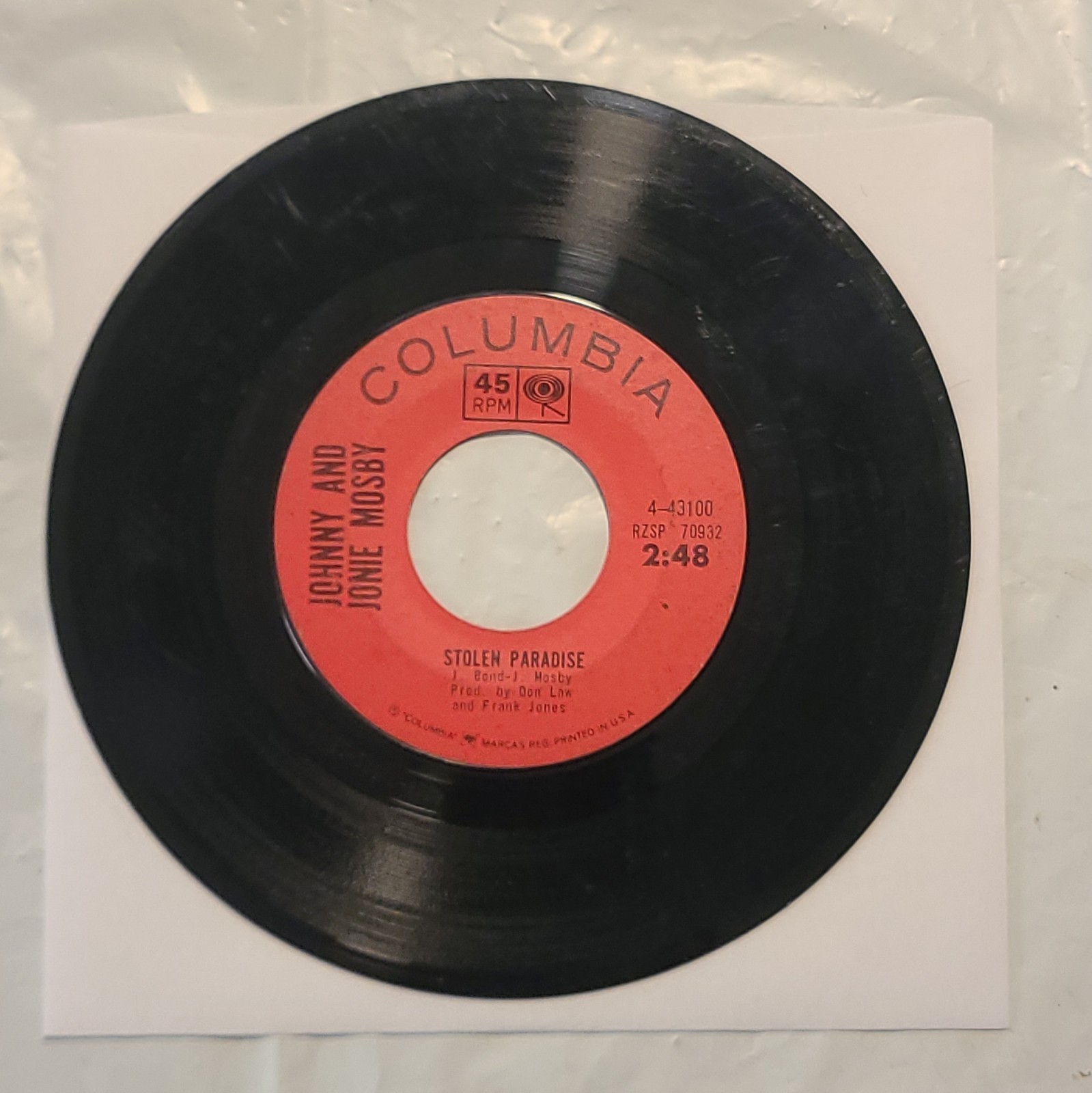 Johnny And Jonie Mosby - Stolen Paradise/ How The Other Half Lives 45 RPM Record