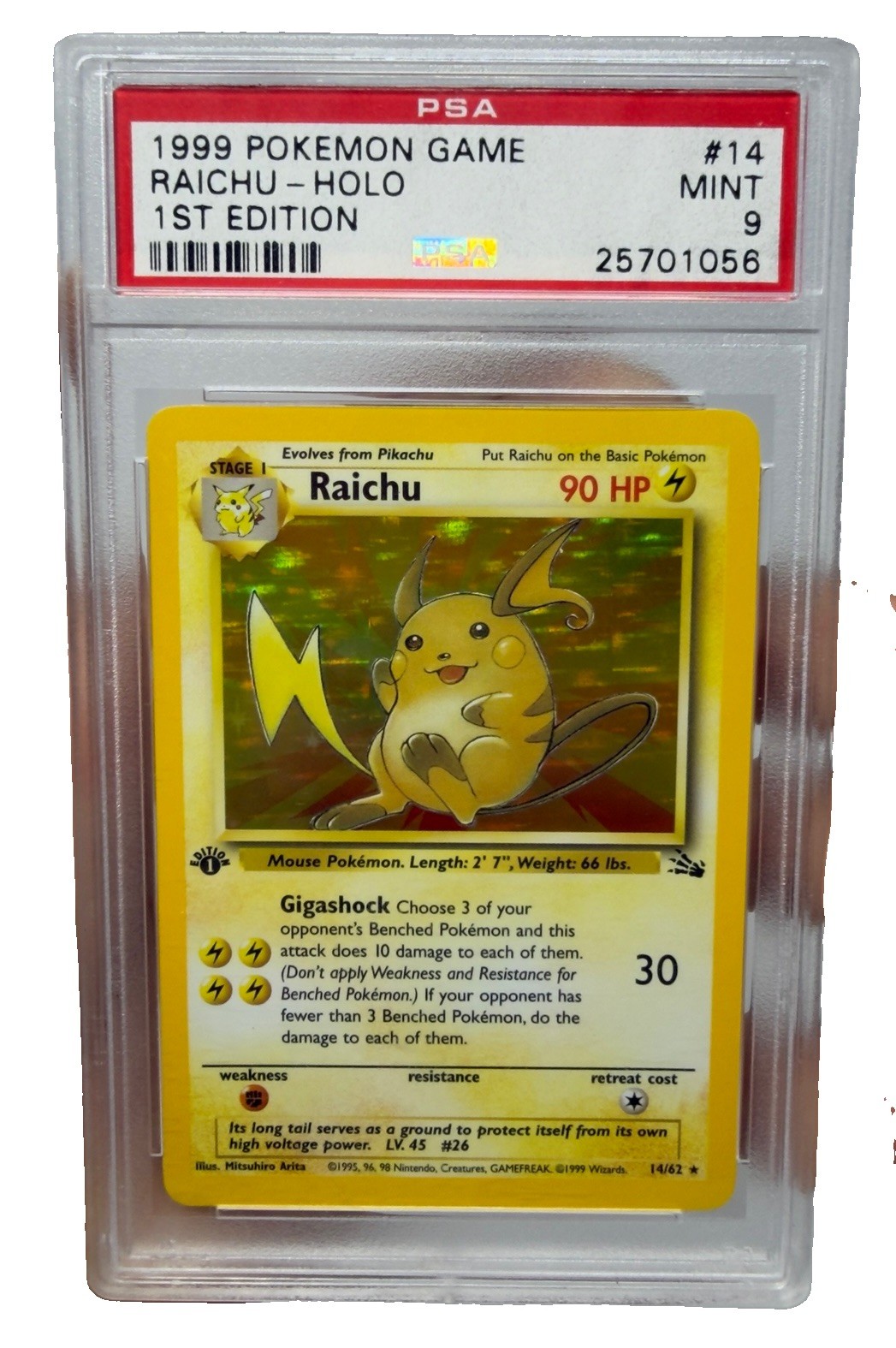 1999 POKEMON FOSSIL 1° EDIZIONE #14 14/62 RAICHU-HOLO PSA 9 MINT