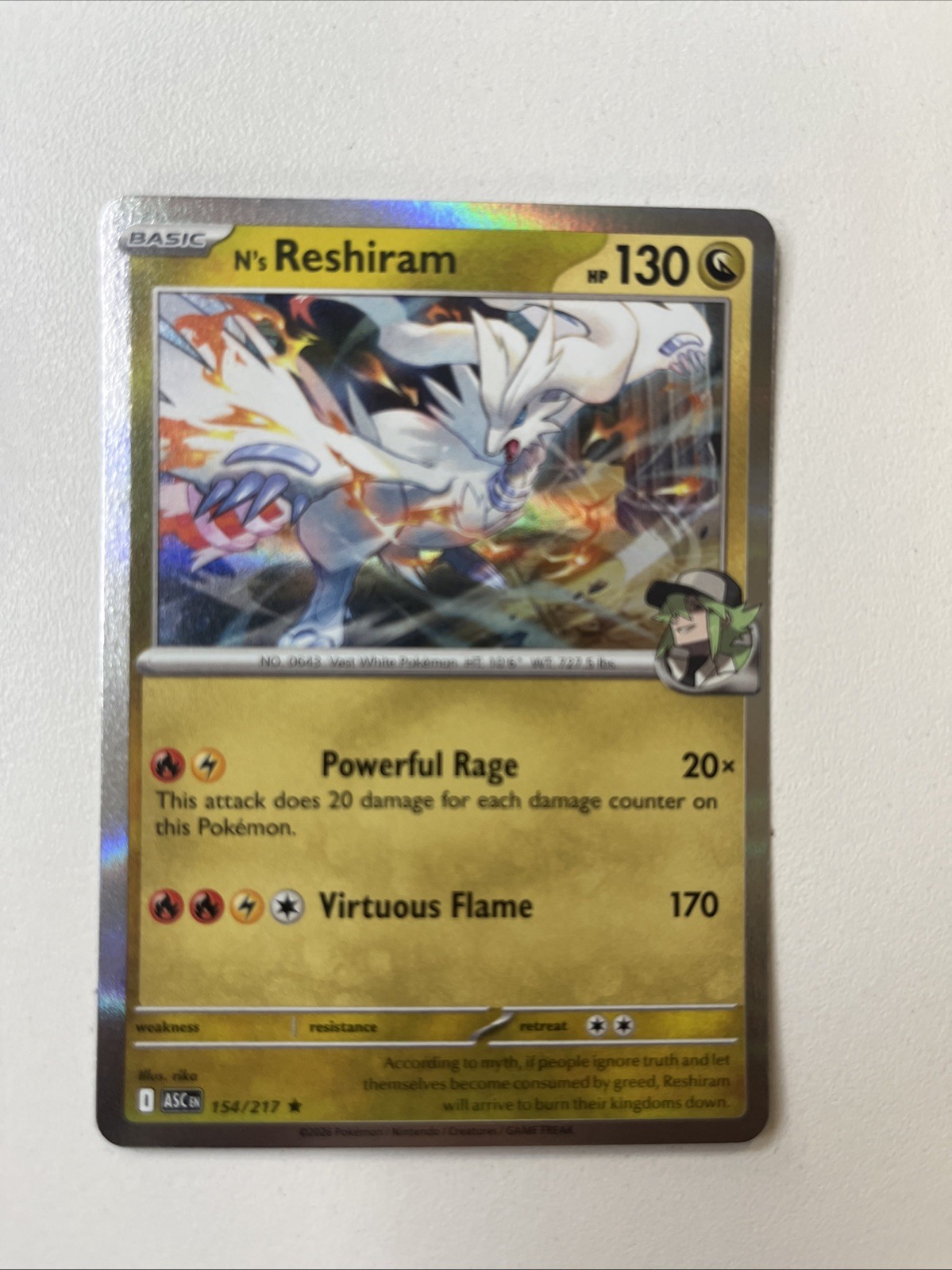 N's RESHIRAM 154/217 ME: ASCEDED HEROES RARO HOLO QUASI NUOVO+