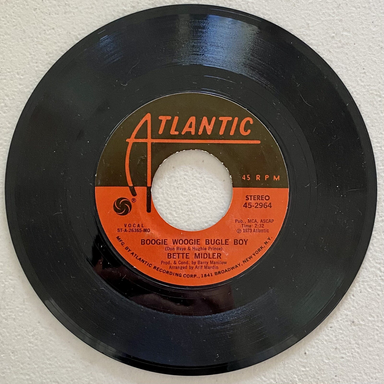 Bette Midler Boogie Woogie Bugle Boy / Delta Dawn 45 RPM Vinyl Record Atlantic