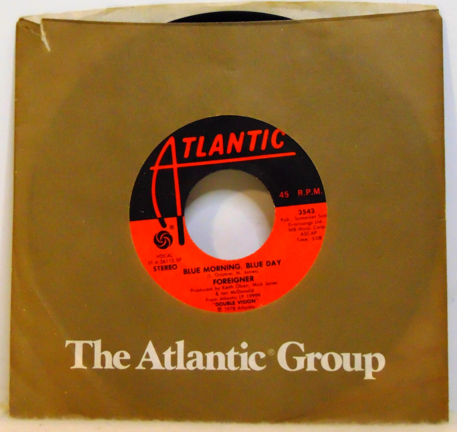 Foreigner - Blue Morning, Blue Day - 1978 Atlantic 3543 Rock 7" 45 Single Record