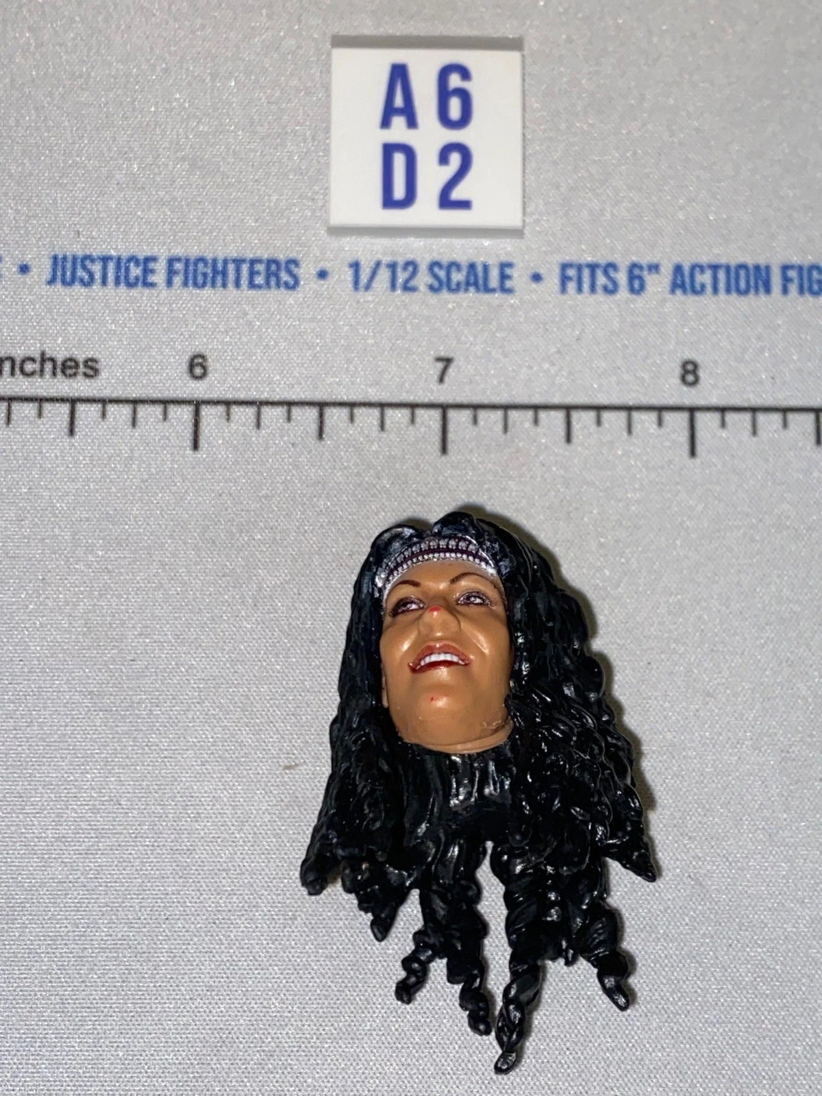 1/12 Scale Mattel WWE Female Head Sculpt with Long Dark Curly Hair and Headband