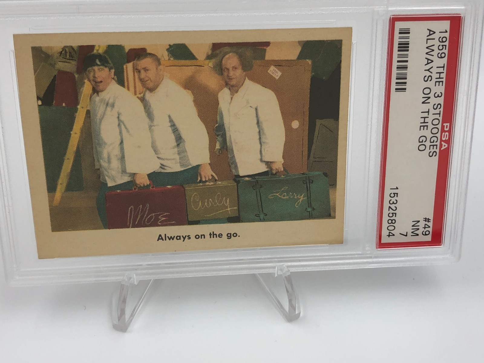 THE THREE STOOGES 1959 Trading Card SEMPRE IN MOVIMENTO #49 lastra classificata PSA MN 7
