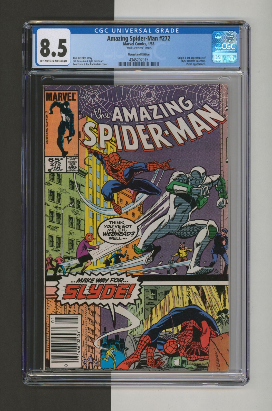 Amazing Spider Man #272, CGC 8.5, Rare Mark Jewelers, prima apparizione Slyde 1986