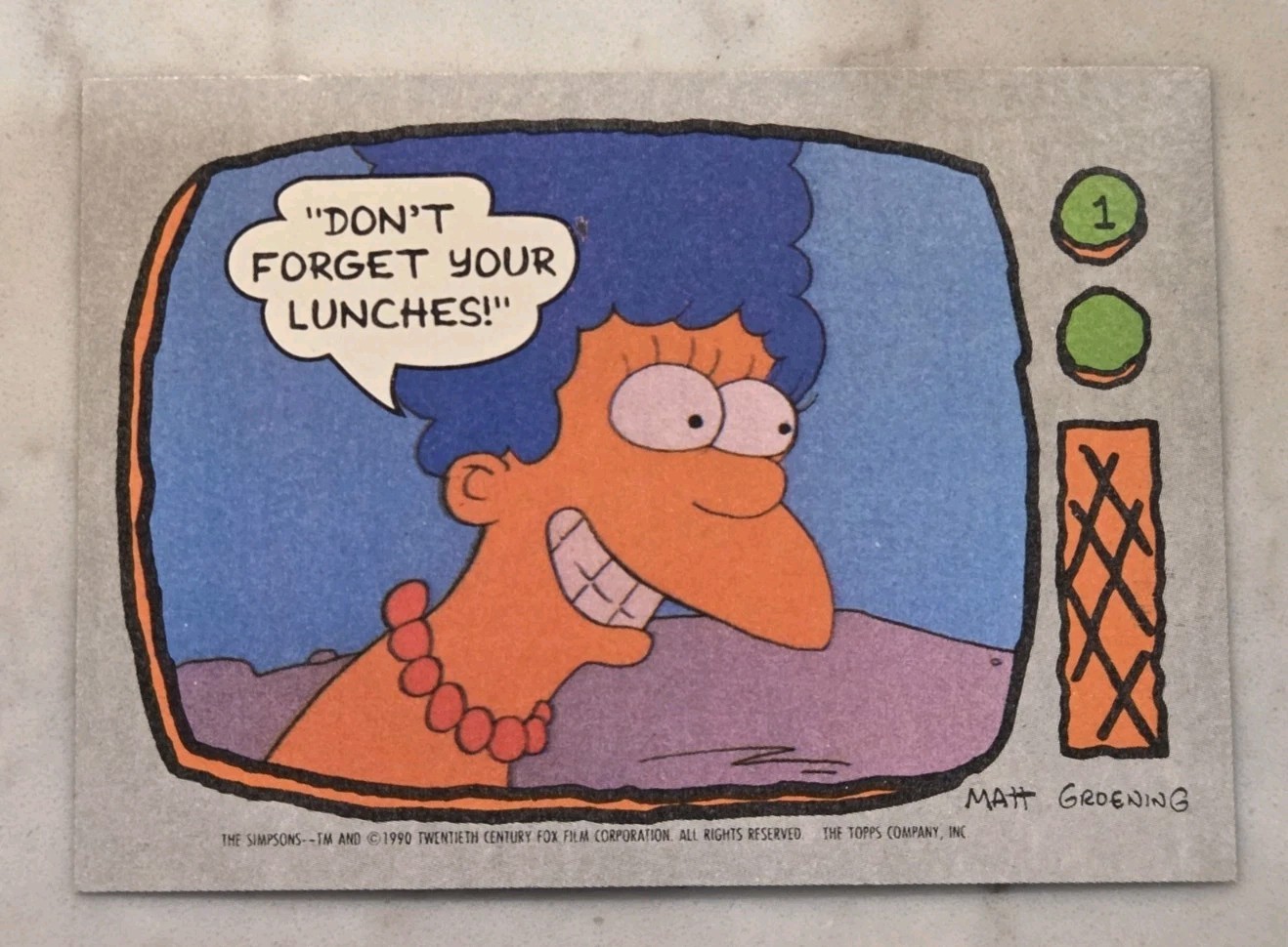 Carta Topps I Simpson 1990 #1 Non dimenticare i tuoi pranzi margine 1° carta in set