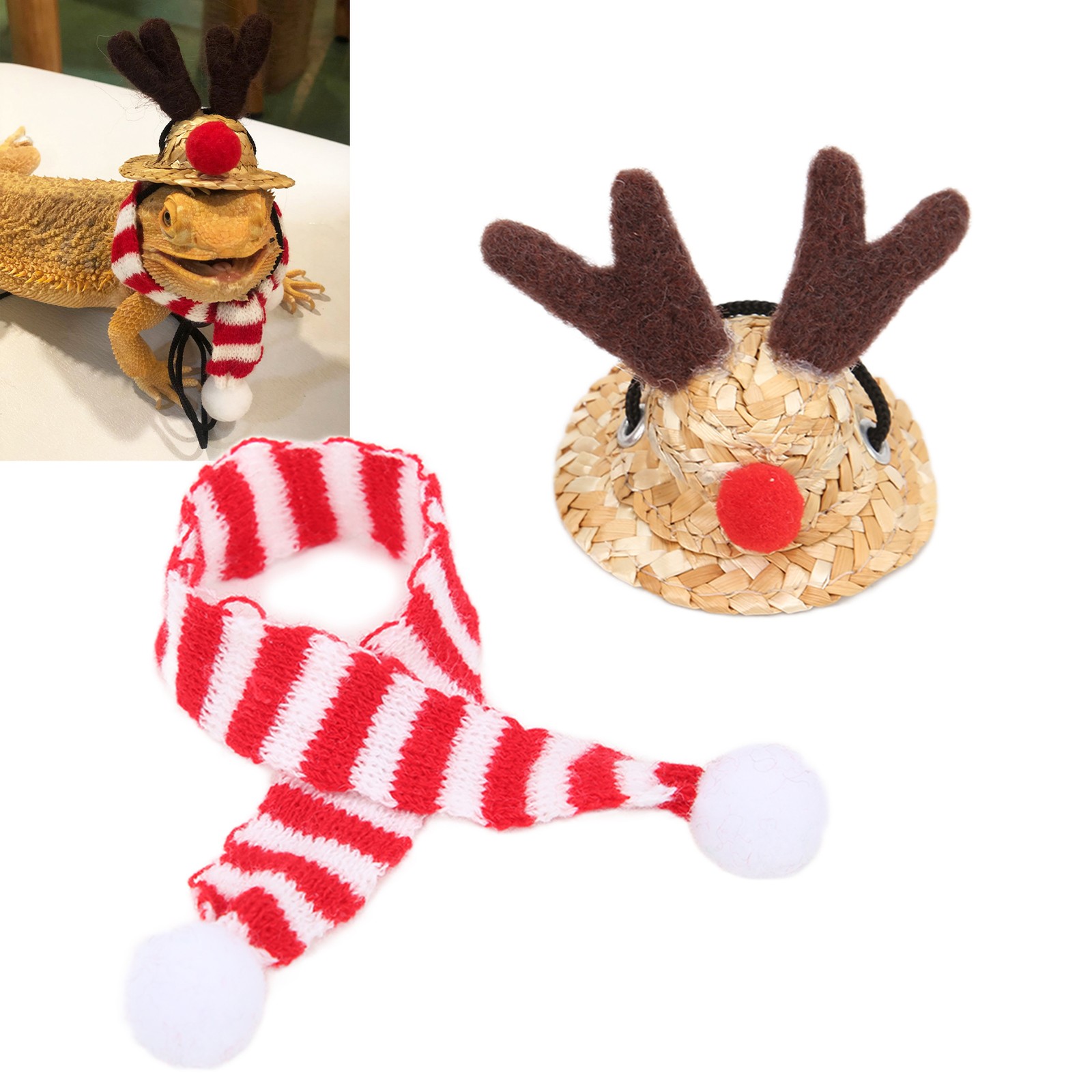 ⊹Bearded Dragon Santa Hat Scarf Reptile Adjustable Straw Elk Hat And Scarf