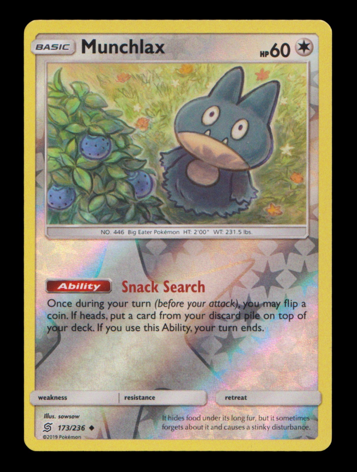 Pokémon TCG - Munchlax 173/236 Unified Minds - Reverse Holo - sowsow 2019 - NM/E