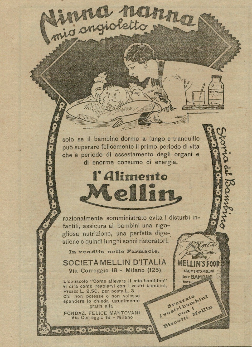 PUBBLICITA' ORIGINALE VINTAGE  DEL 1927 : MELLIN X BEBE'