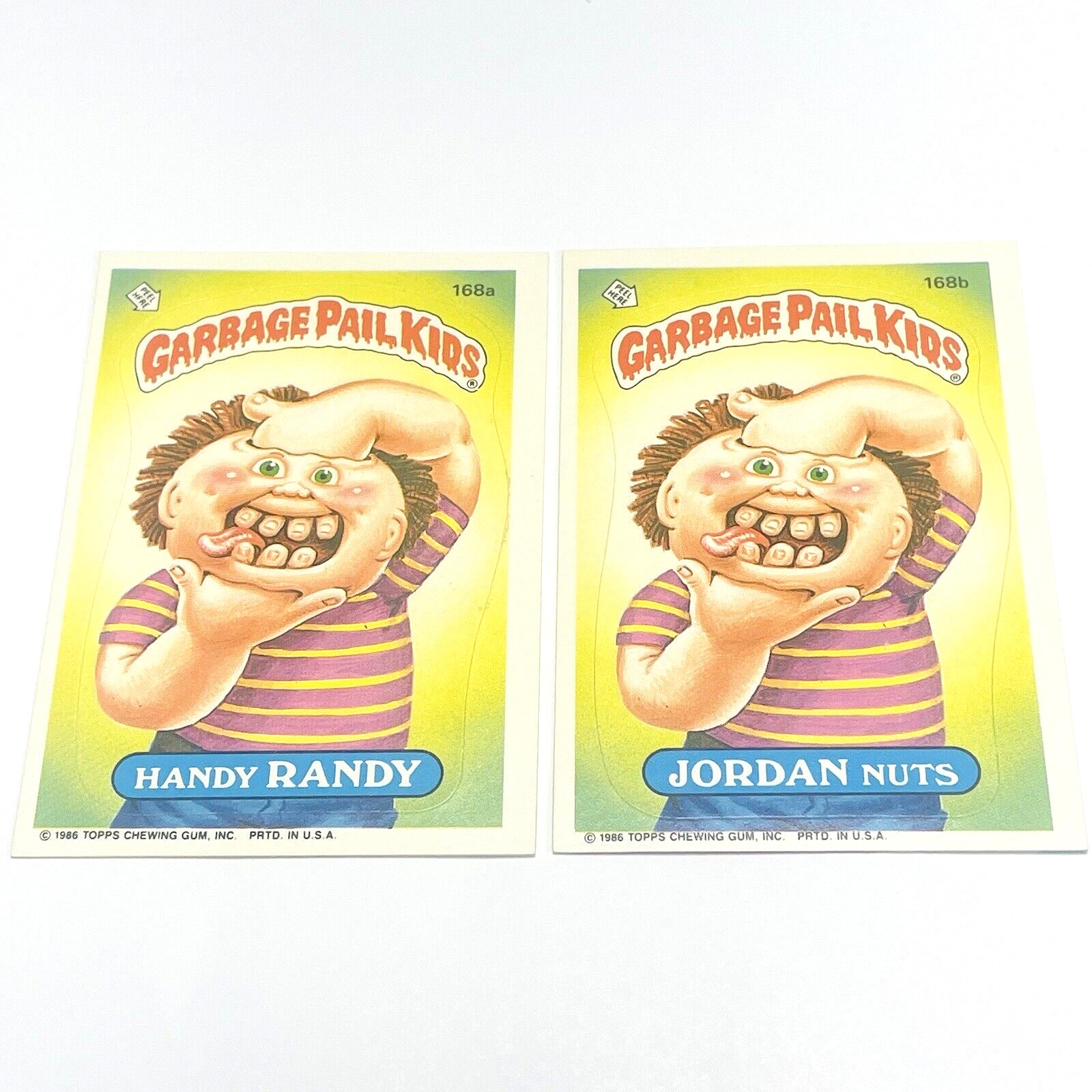 Garbage Pail Kids 1986 168a Handy Randy e 168b Jordan Nuts con errori di carta