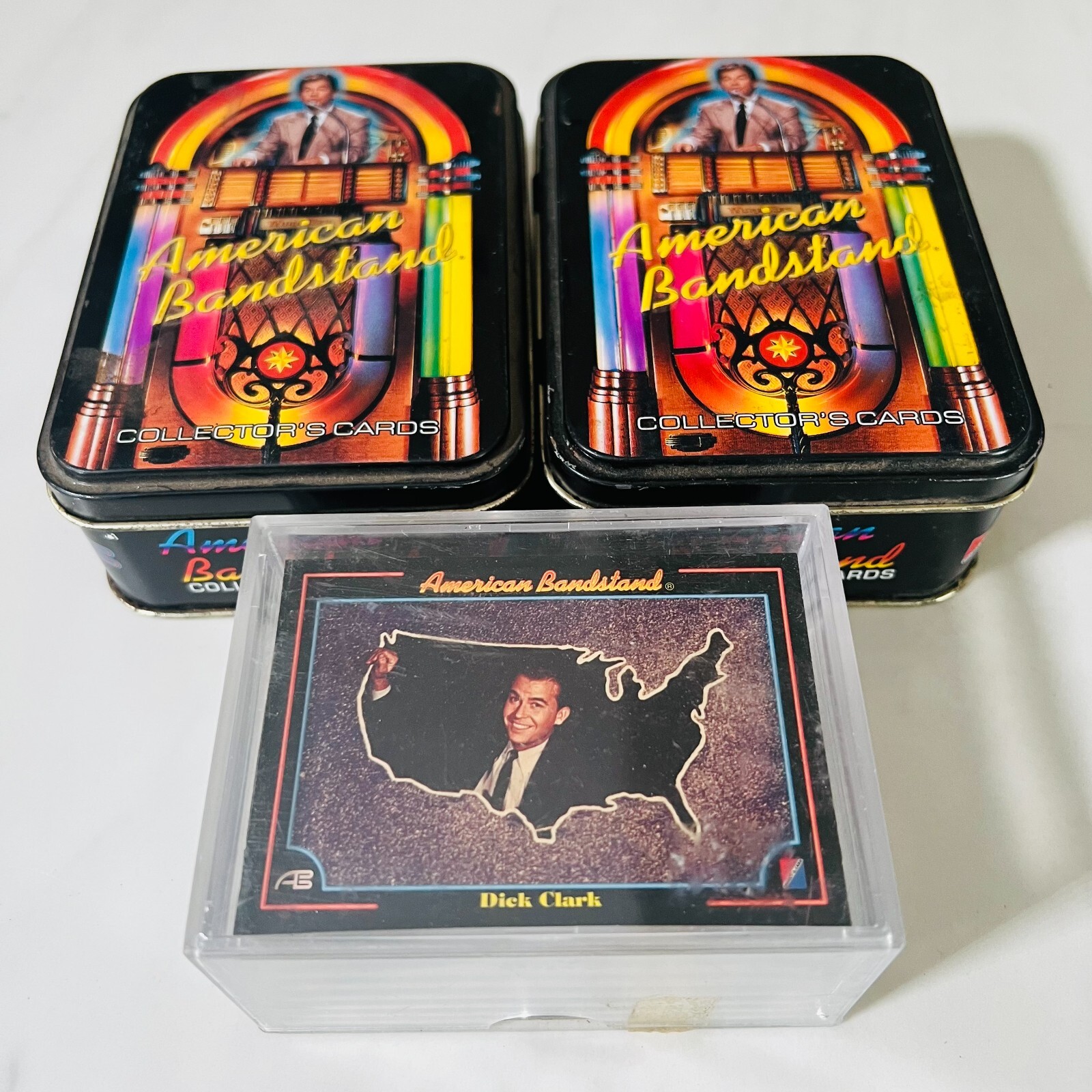 Lotto 2 carte da collezione American Bandstand vintage 1993 latta con carte + extra